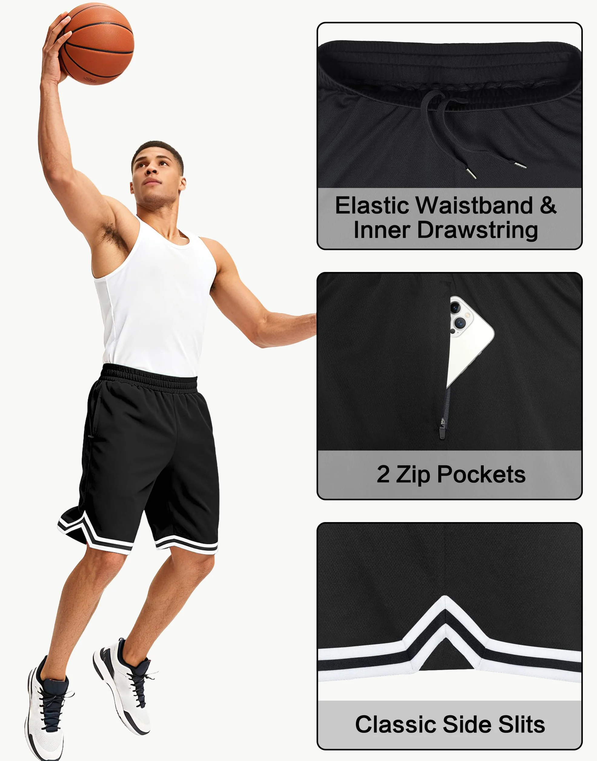JWM Pantalones cortos de baloncesto para hombre de 11 pulgadas con bolsillos con cremallera, pantalones cortos deportivos de malla ligera de secado rápido para entrenamiento y correr