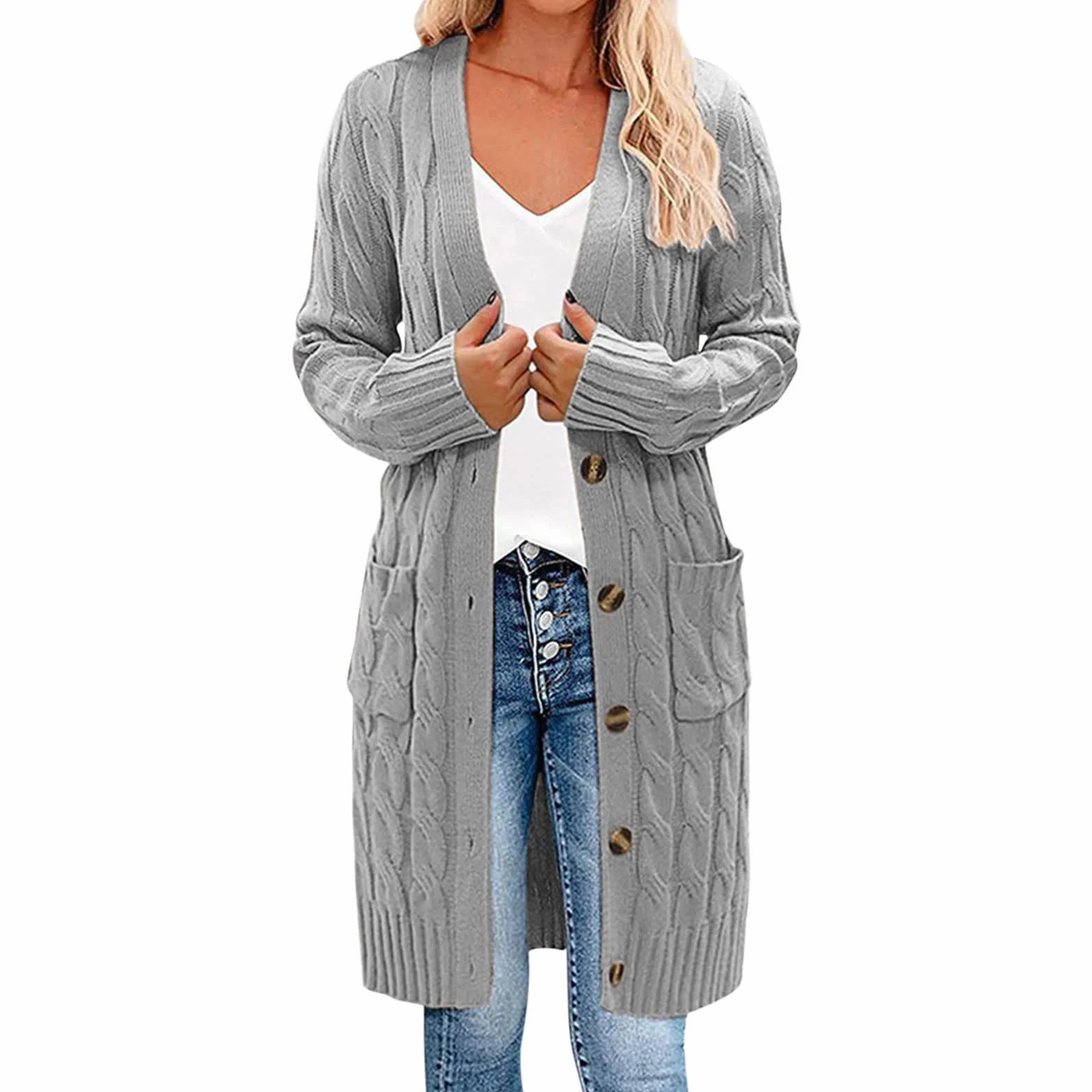 Chaqueta de punto larga para mujer con botones, abrigo de punto grueso con bolsillos, abrigo de punto largo con bolsillos, abrigo de punto de manga larga para otoño, entretiempo, chaqueta gruesa