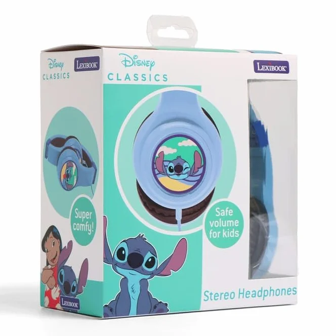Disney Classics Stitch - Auriculares estéreo para niños, control de volumen seguro, súper cómodos, color azul claro