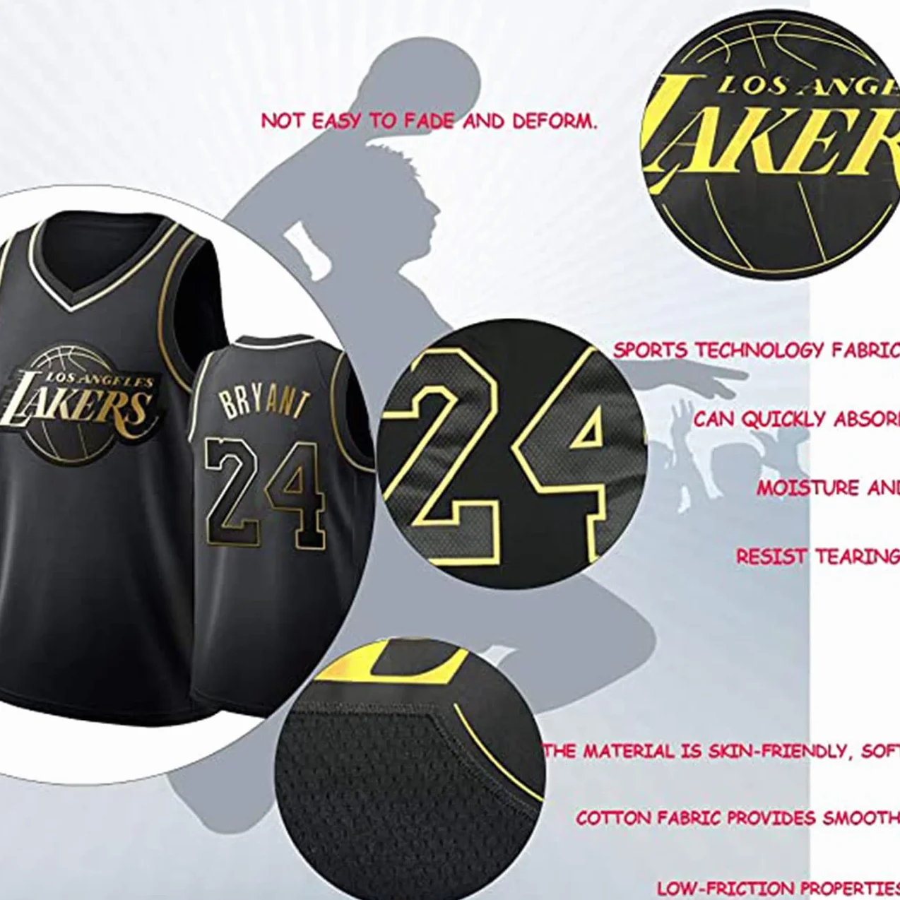 Camiseta de baloncesto negra y dorada, camiseta deportiva unisex sin mangas # 24.