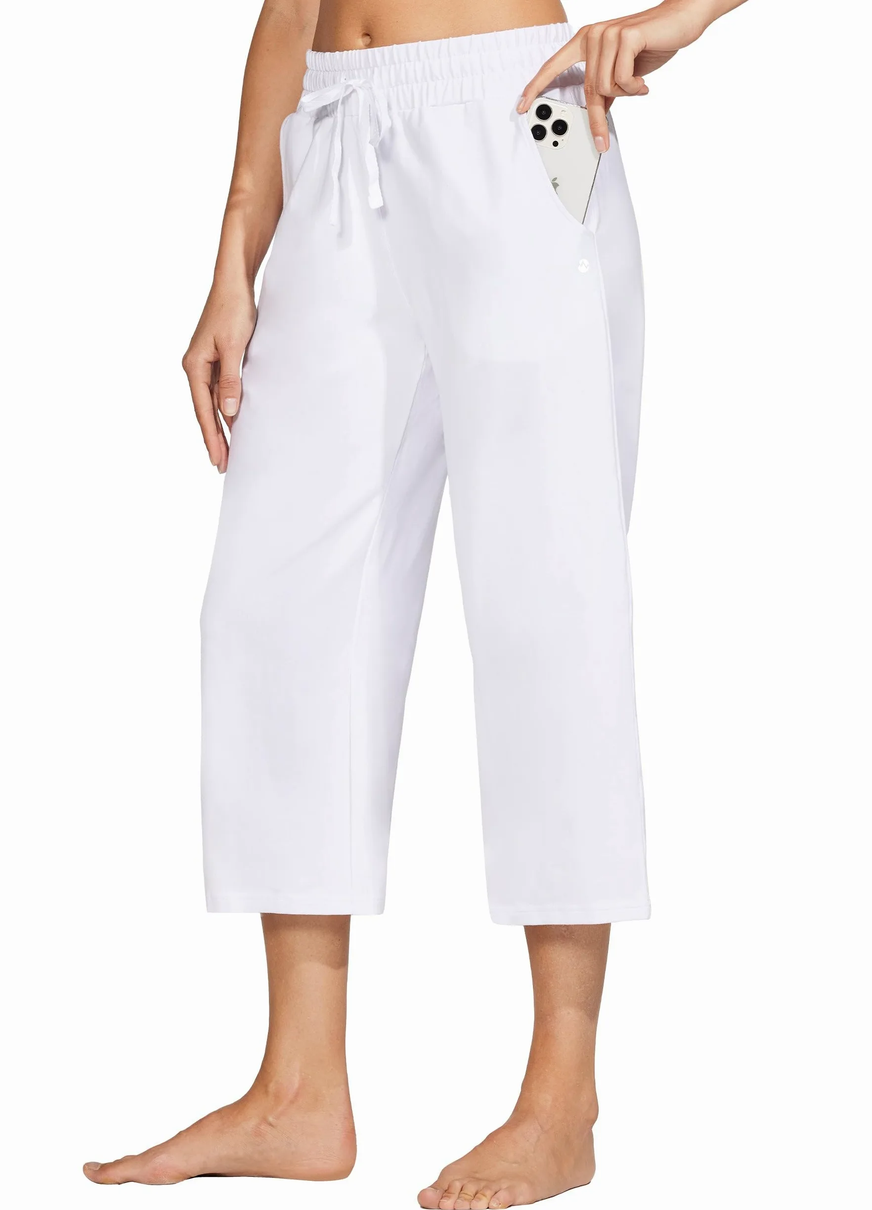 Willit Pantalones Capri de algodón para Mujer, Pantalones Capri Casuales de Pierna Ancha con Bolsillos, 20 Pulgadas, Blanco, Large