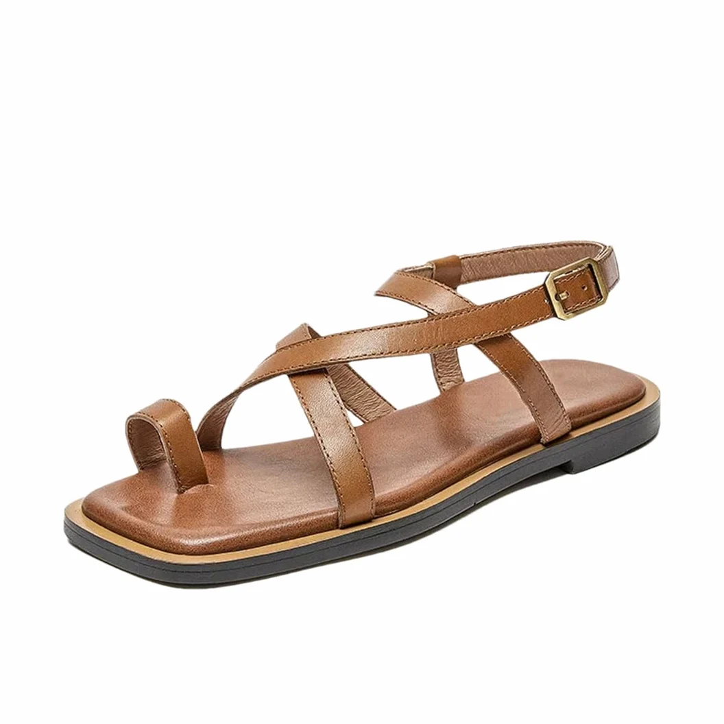 Sandalias de gladiador con hebilla y correa trasera para mujer, tacón plano, estilo gladiador, de piel de vaca, estilo vintage, estilo romano e informal