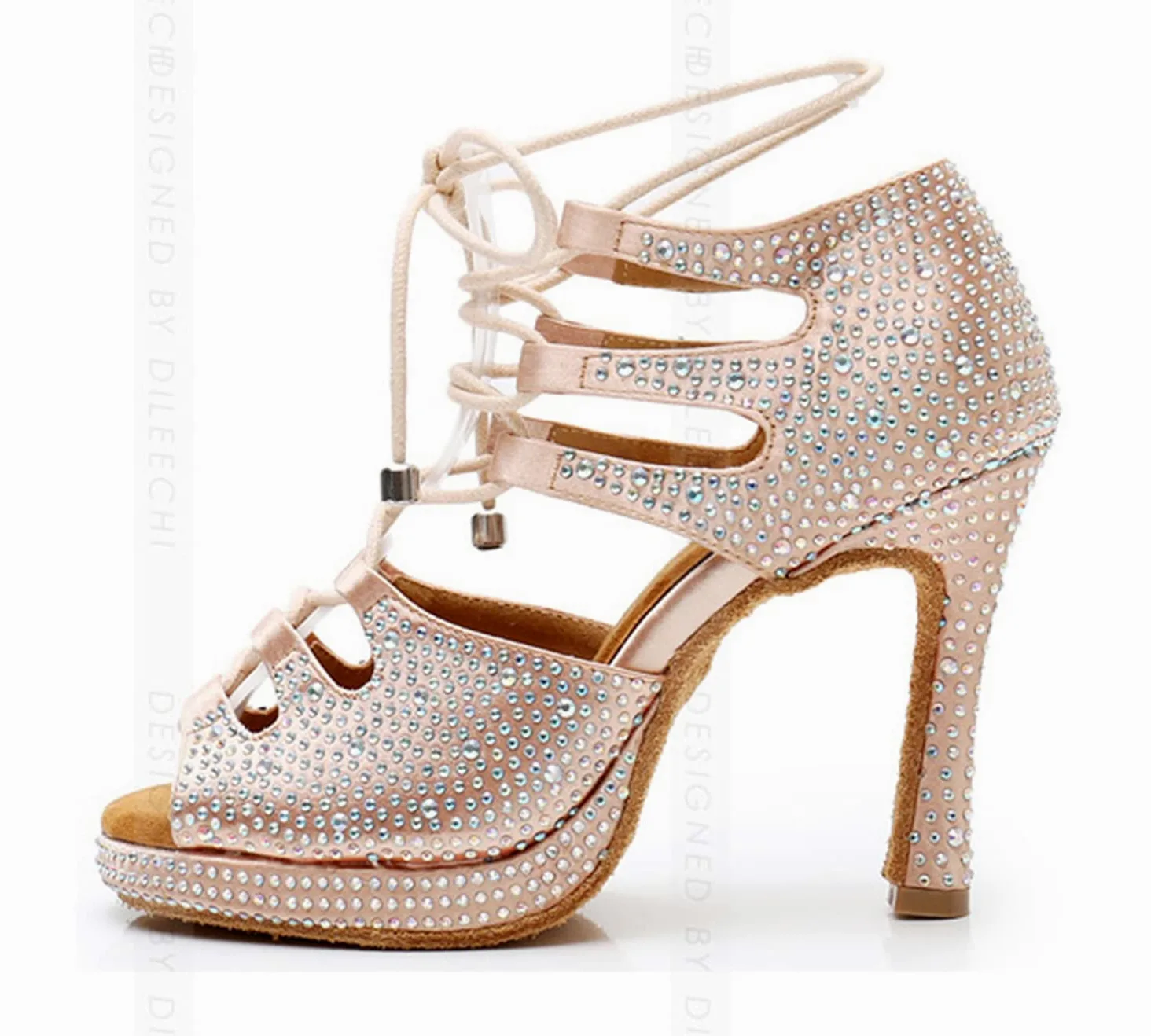 Sandalias modernas de baile latino con cordones para mujer, para boda, fiesta, L425 Plataforma Beige Tacón de 10 cm, 39 EU