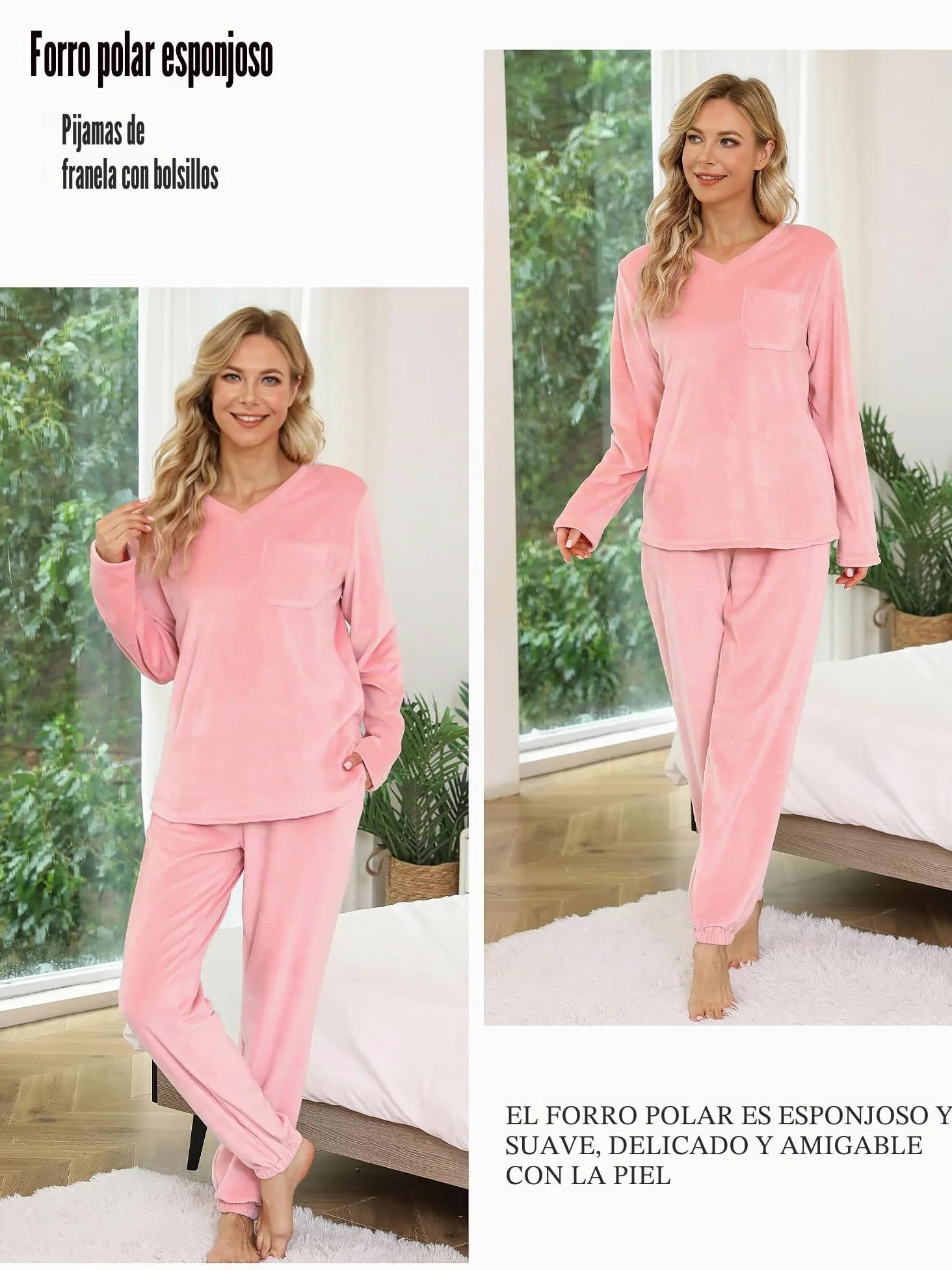 Lovasy Pijamas Mujer Invierno Polar Pijama de Franela Mujer Manga Larga Conjunto 2 Piezas