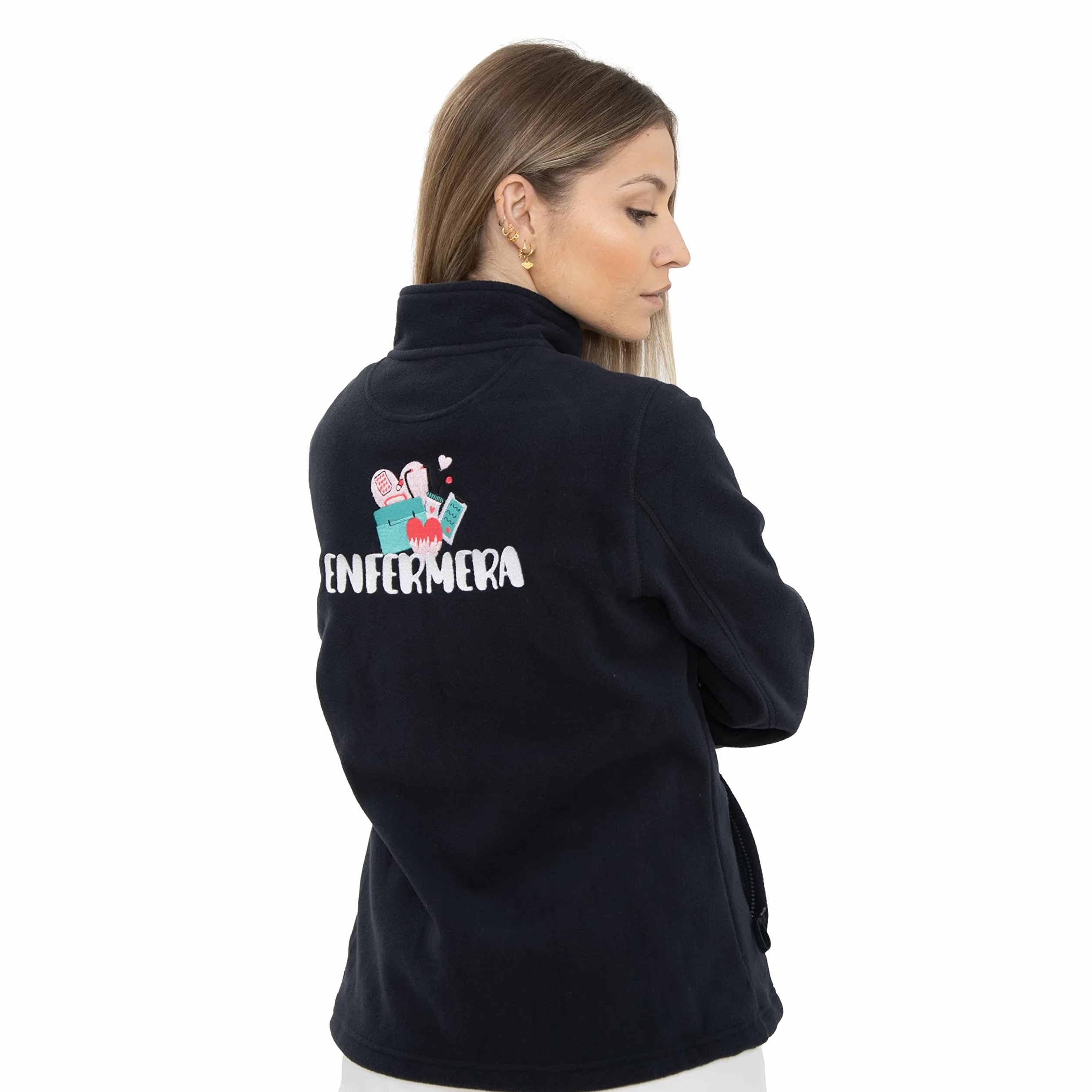 Sudadera Polar Enfermera Bordada con Bolsillos y Cremallera para Mujer