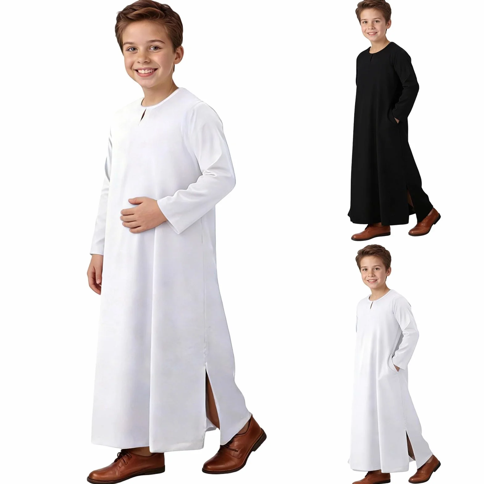 Ropa de oración para niños Ropa islámica Niños Abaya Niño Manga Larga Caftán árabe Con Bolsillo Vestidos Musulmanes Largos Islam Thobe Musulmana Túnica Dubai Túnica árabe