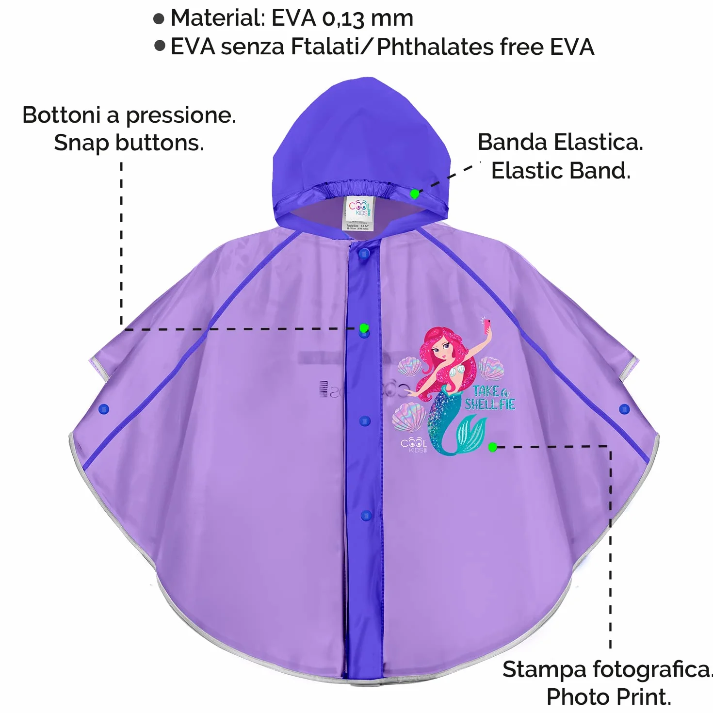 PERLETTI Chubasquero Niñas 3 4 5 6 Años con Sirena - Poncho Impermeable Infantiles con Capucha Rosa Botones a Presión - Ropa de Agua Niña Detalles Reflectantes Little Mermaid