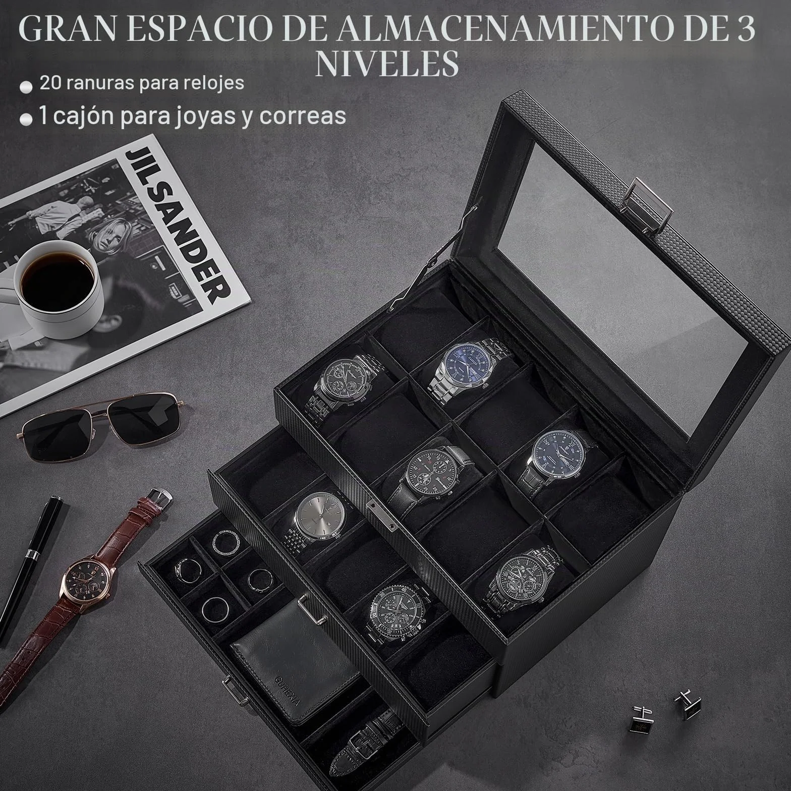 ProCase Organizadora para Relojes para Hombre, 20 Ranuras Caja Organizadora de Joyería de 3 Capas con Cajón Estuche de Almacenaje con Tapa de Cristal Vitrina Expositor -Negro Puro