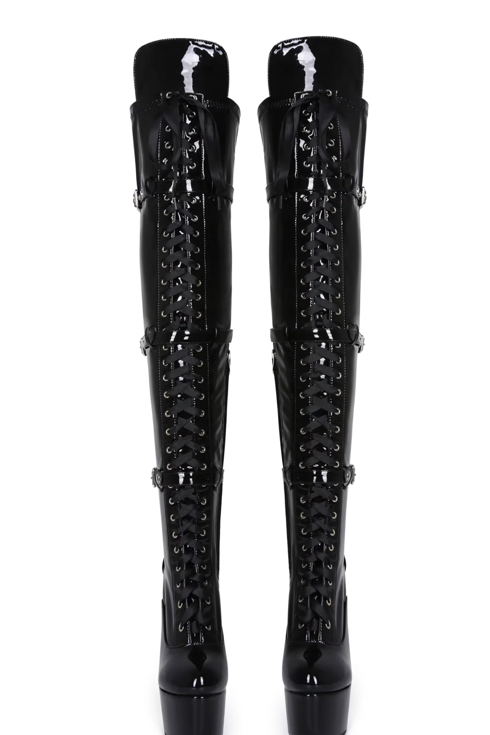 Frankie Hsu Botas largas de tacón alto con plataforma de aguja sexy por encima de la rodilla, cinturón de cinta de charol negro, elástico ajustable, muslo, talla grande, talla grande US5-19, zapatos