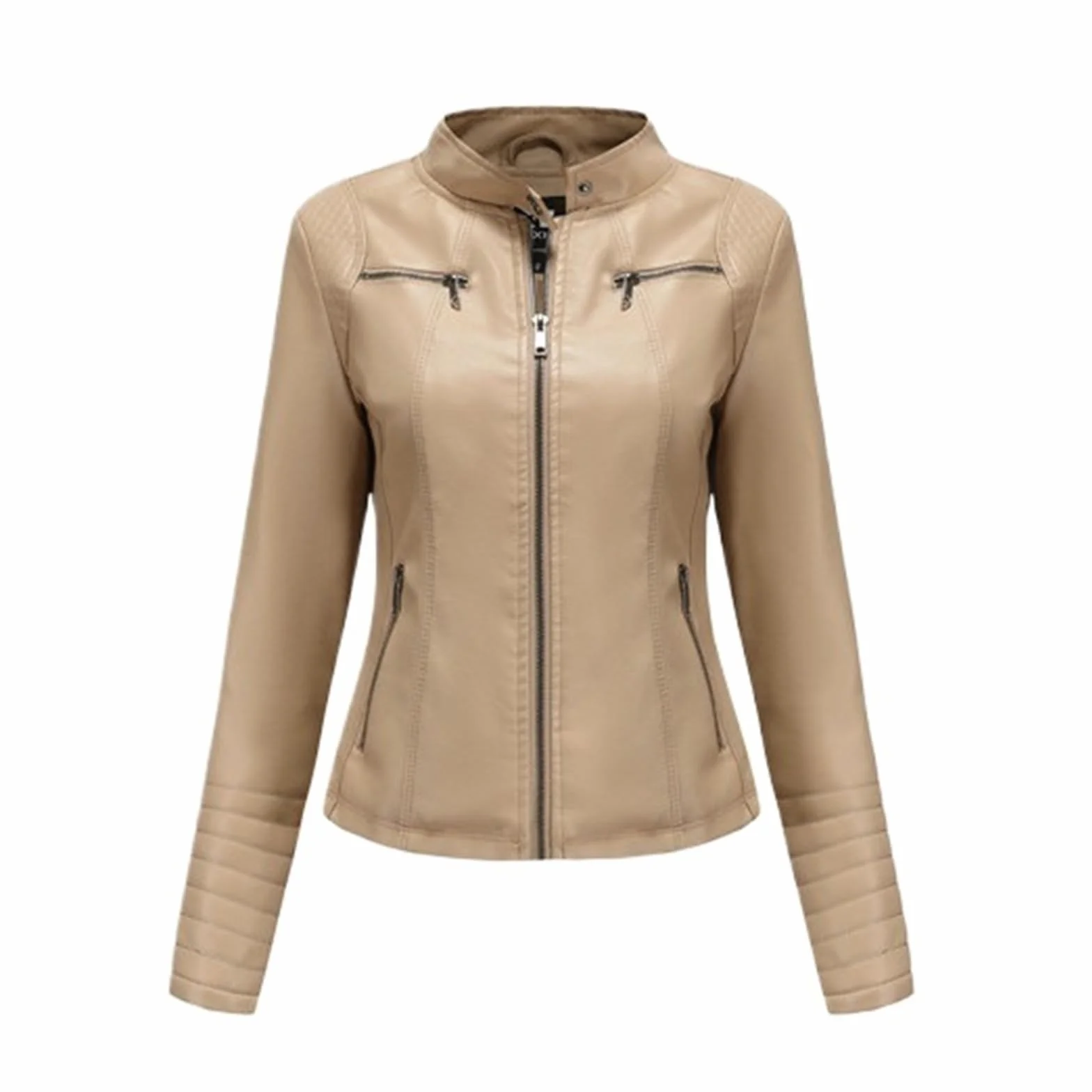 Chaqueta Cuero Mujer Women's Slim Leather Jacket Stand Up Collar Zipper Stitching Monochromatic Coat Para salir
