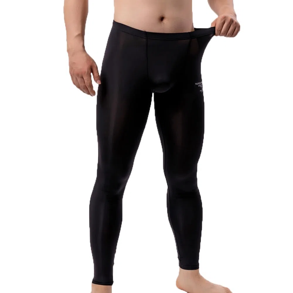 Leggings transparentes de seda de hielo para hombre, ropa interior, pantalones elásticos de tiro bajo, pantalones largos