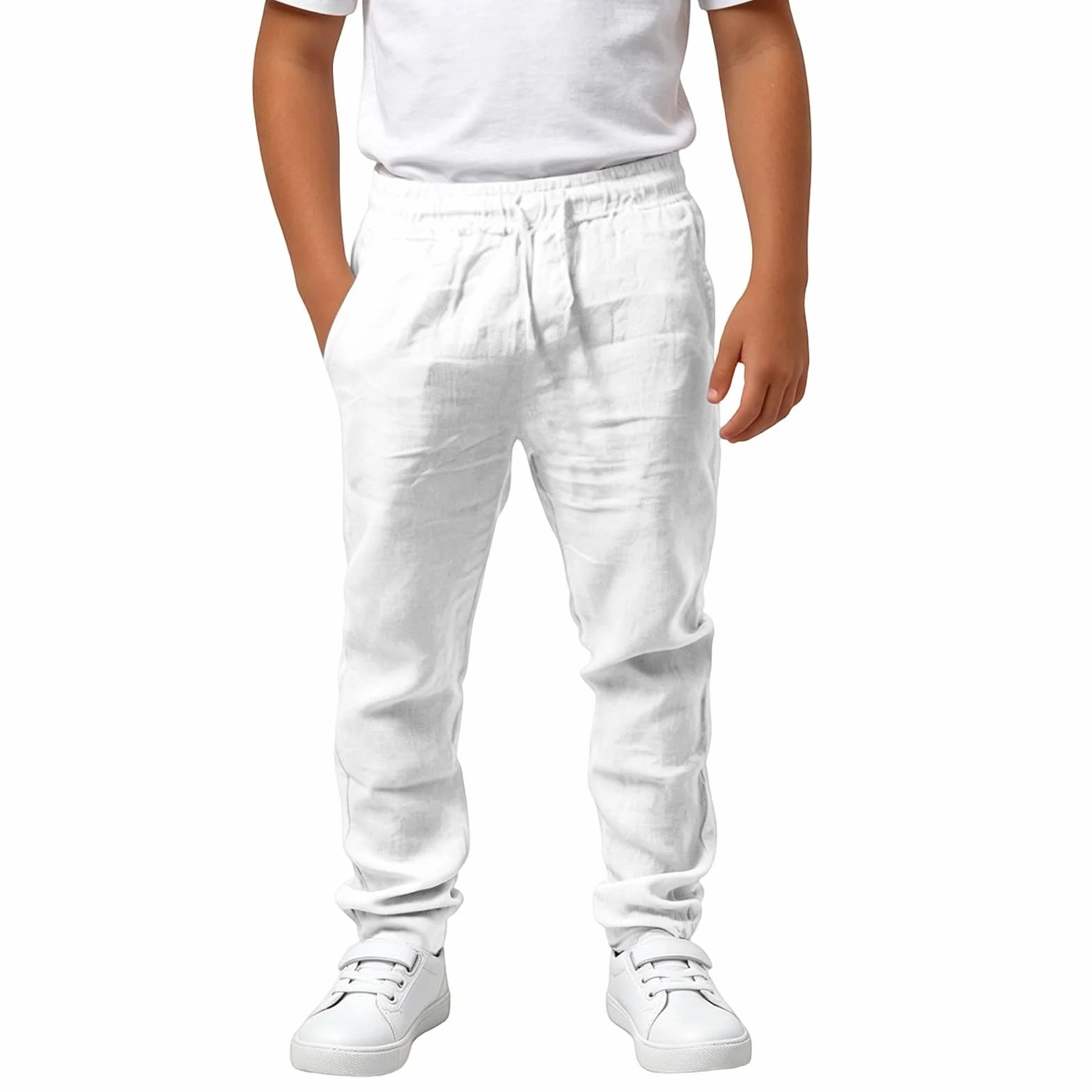Pantalones de Lino para Niños Algodón y Lino Cintura Elástica Pantalón Chino Largo Sueltos Bolsillos Transpirable Jogging Pants Ropa Adolescentes 4-14 Años