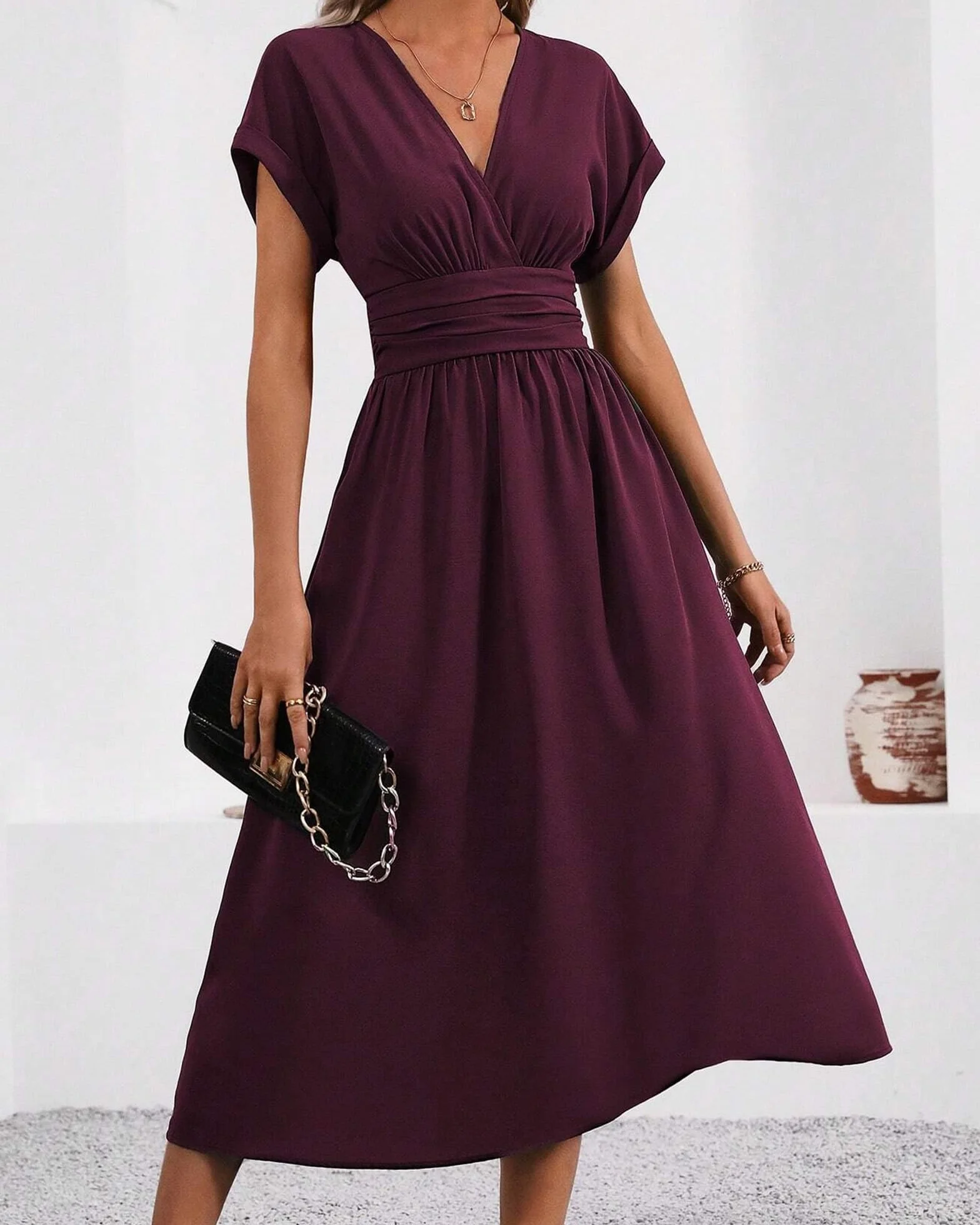 Vestido Largo Elegante Mujer Verano Cuello en V Manga Corta Casual Elástico