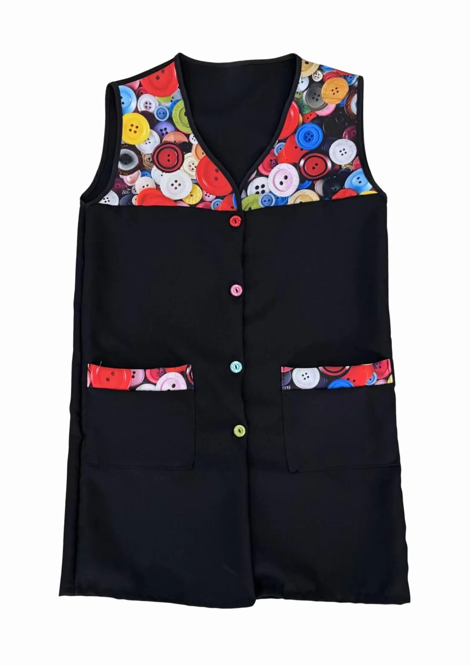 Victory Casaca Escolar Sin Mangas Mujer Botones Multicolor Delantal Mandil Chaleco Estampado Tres Bolsillos Uniforme Maestra Peluquera Auxiliar Limpieza Cuidado Infantil Lavable – SERIE 7061