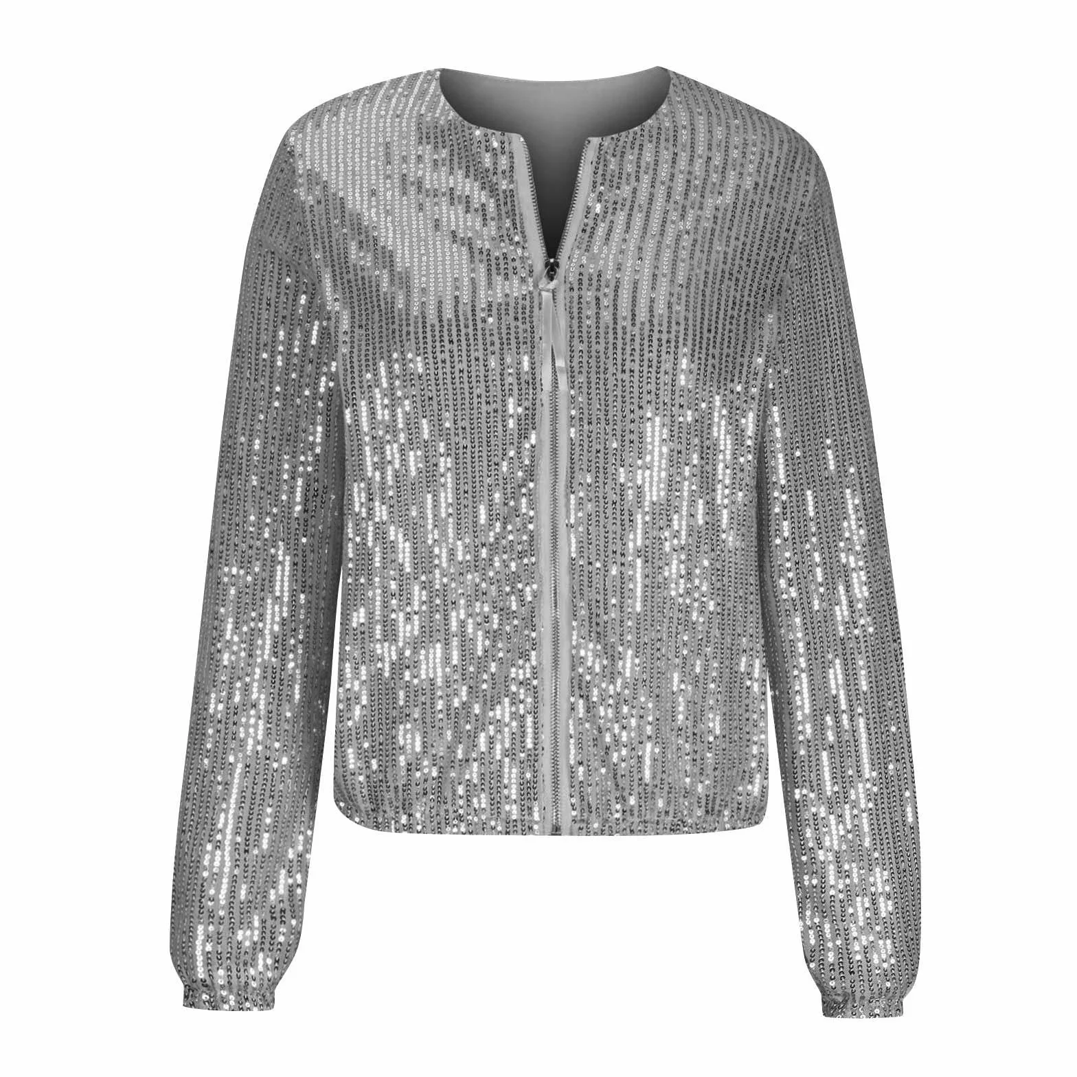 Chaqueta bomber de lentejuelas para mujer, ligera, con cremallera, holgada, sin capucha