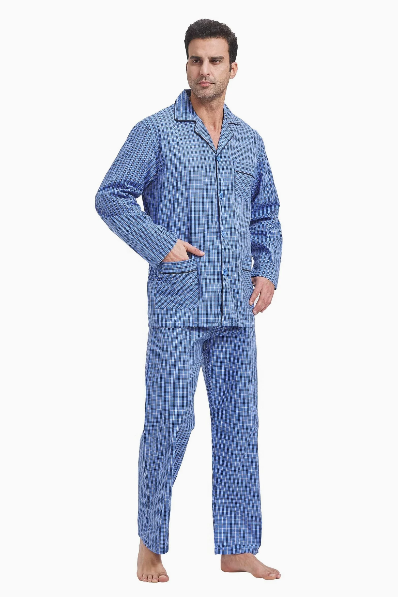GLOBAL Pijamas Hombre Largos Pantalones Ropa de Dormir Conjunto de Algodón Pijama para Hombre con Bolsillos y Cordón