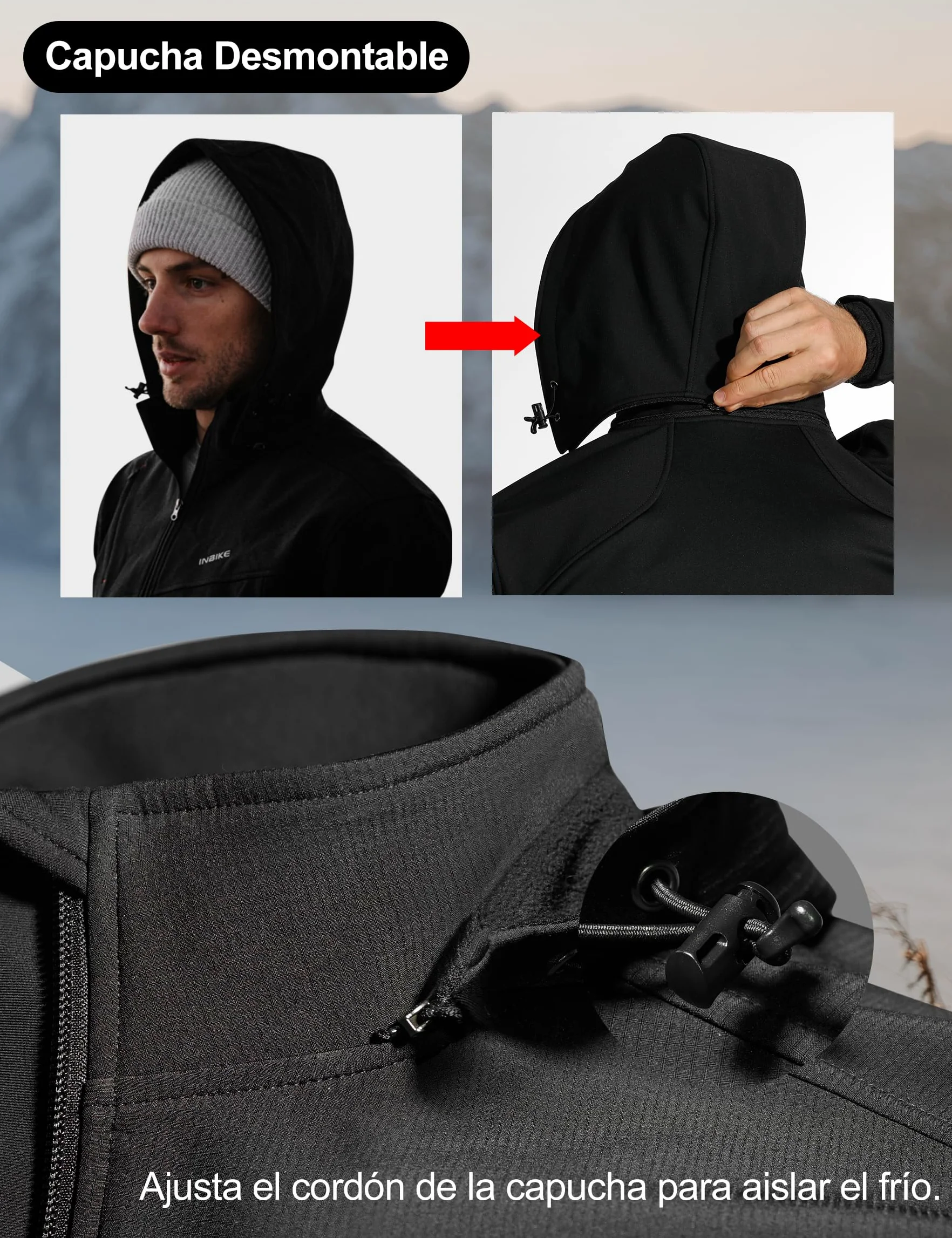 INBIKE Chaqueta Softshell Cálida Para Invierno Cazadora Resistente Al Viento y Agua Con Capucha Extraíble y Forro Polar Suave Para Trekking Senderismo Escalada Ciclismo Running 7103