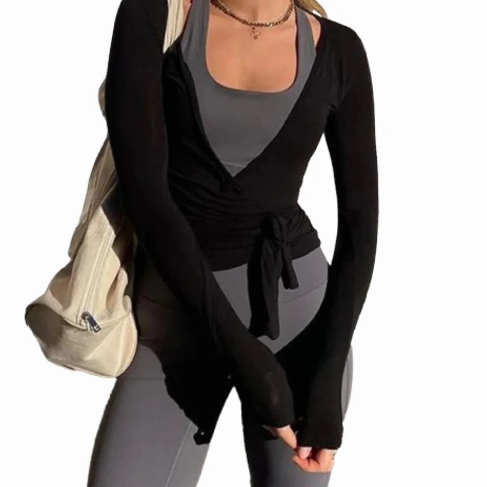 Women Ballet Wrap Top Long Sleeve Deep V Neck Yoga Workout Pilates
