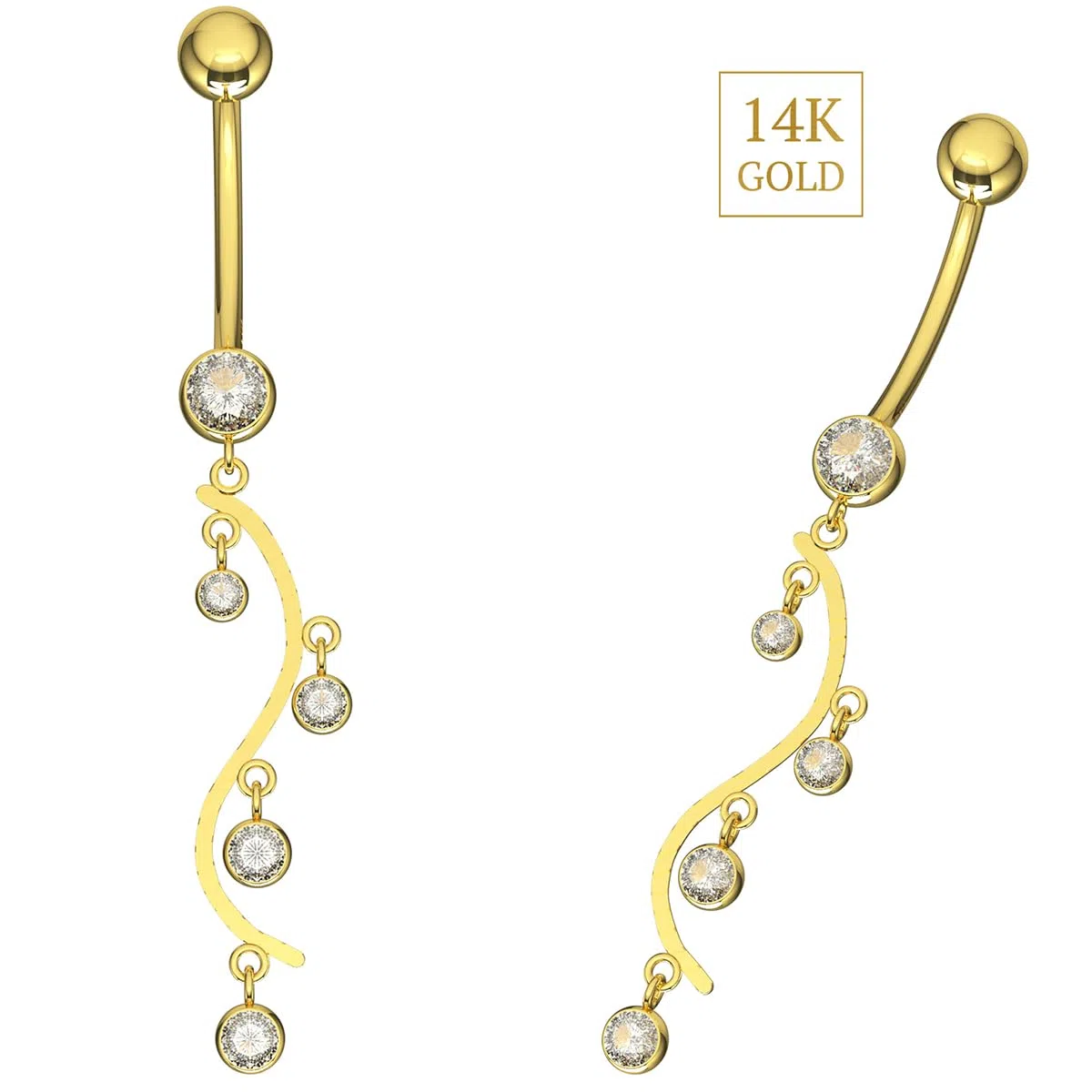 Piercing para el ombligo de oro amarillo macizo de 14 quilates con circonita cúbica y rama floral, joyería para el ombligo de 14 quilates, calibre 14, 14 Gauge - 12mm Length, Circonia