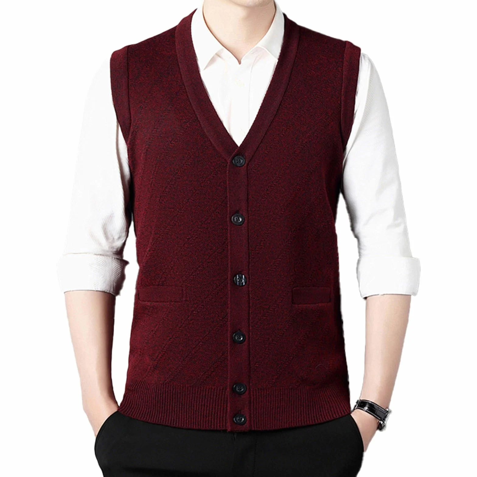 Generisch Chaleco de punto para hombre, sin mangas, patrón trenzado, mezcla de lana, chaleco sin mangas, suéter de punto, camisetas sin mangas, con botones, cómodo, clásico, cárdigan de punto grueso
