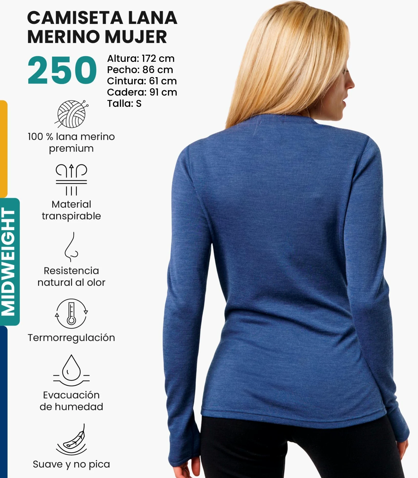 Merino.tech Camiseta Lana Merino Mujer - 100% Merino Camiseta Interior Termica Mujer Medio con Calcetines (Medium, Windsor Blue 250)