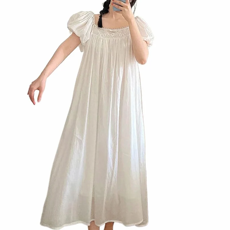 OFFSUM Camisón De Pijama De Mujer - Ropa De Dormir De Algodón Bordado A La Moda Albornoz De Princesa Informal De Talla Grande con Cuello Cuadrado Y Temperamento De Verano