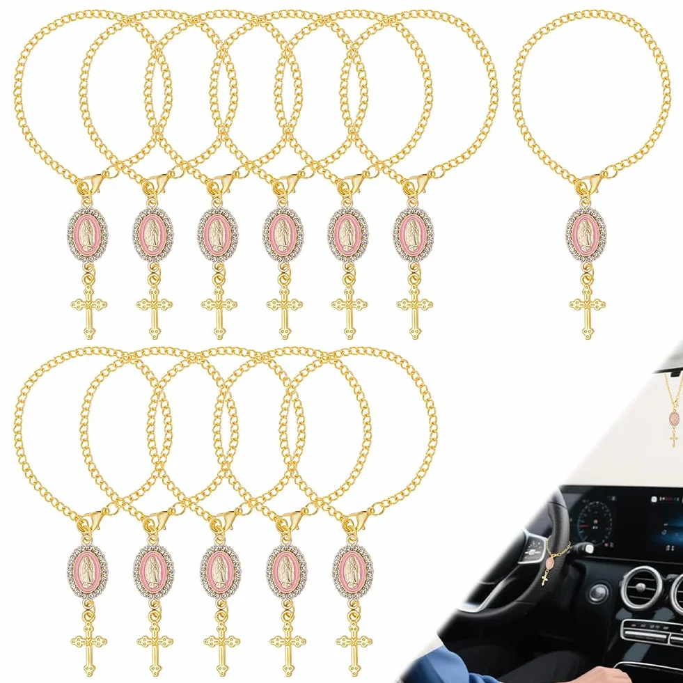 NBEADS 12 colgantes de rosario para volante, colgante de cruz, decoración de coche, 21 cm, colgante de volante ovalado de aleación de aluminio en forma de cruz para decorar el espejo retrovisor, rosa
