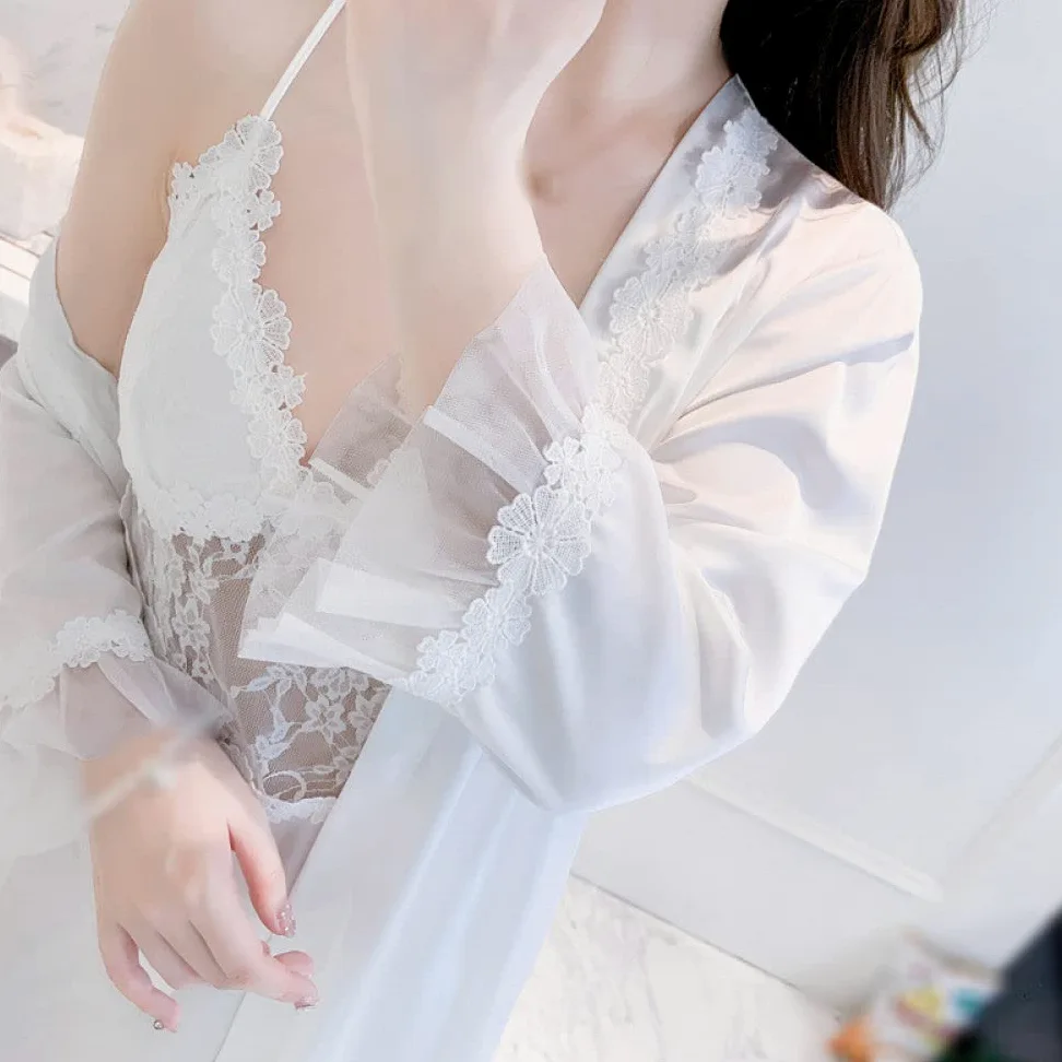 OZEO Albornoz,Albornoz Sexy Satén Dos Piezas, Kimono Ligero, Rosa Encaje Malla con Cuello En V, Conjunto Pijama Babydoll, Novia, Ropa Dormir, Bademantel Damen,M