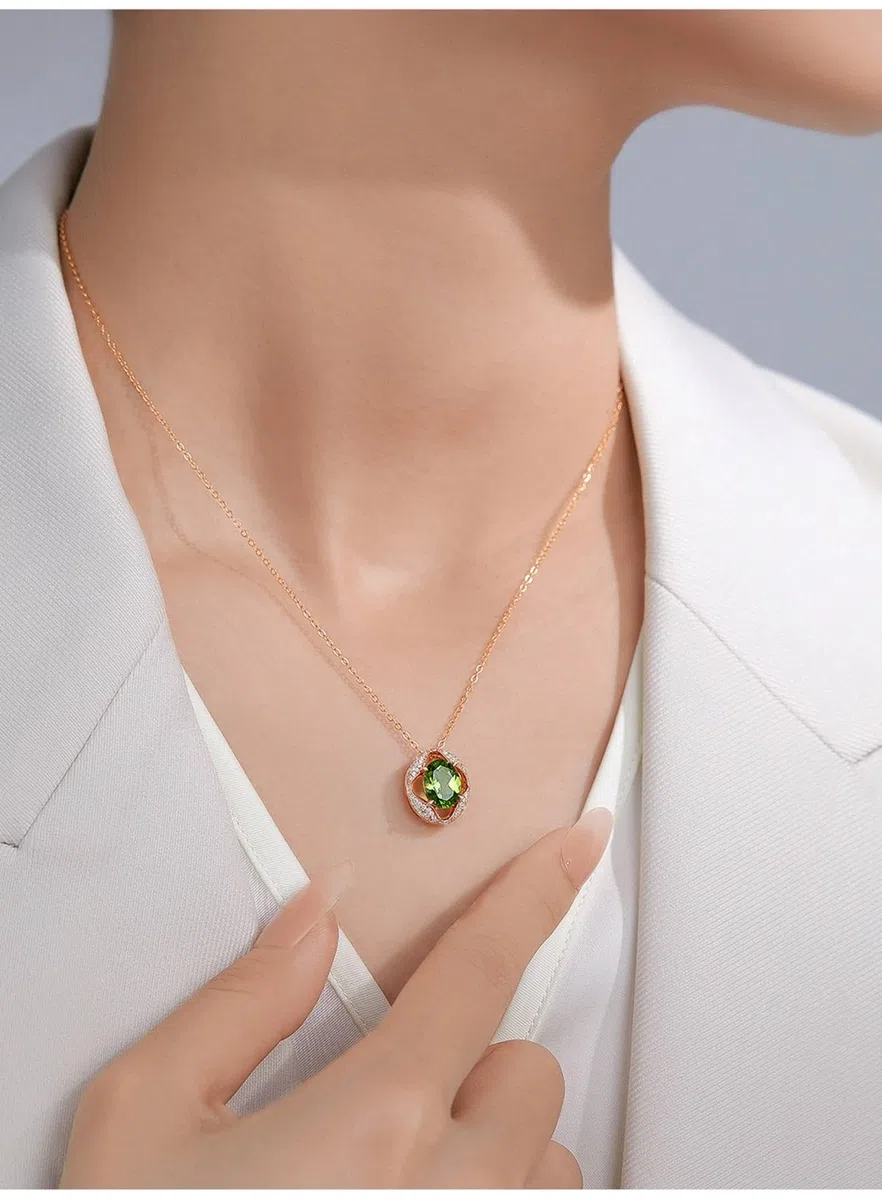 Collares para mujer a la moda, colgante de flor hueca de oro amarillo con peridoto ovalado de 1,7 quilates y diamante