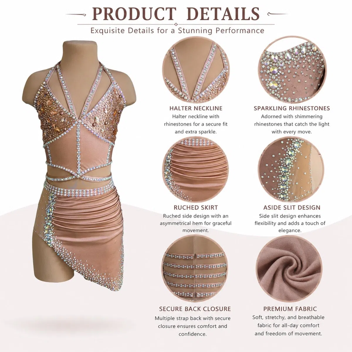 Traje de danza lírica con pedrería y espalda abierta for competición