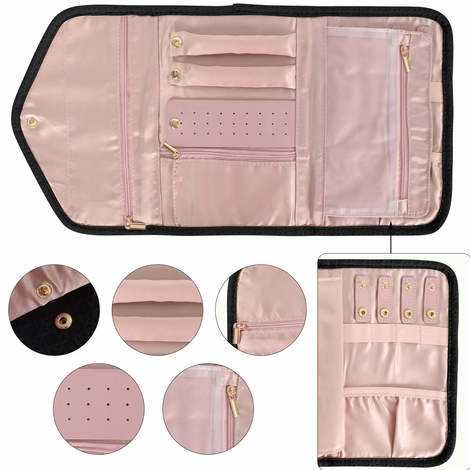 Organizador de Joyería Plegable Joyería Estuche Cuero Impermeable,Joyeros Enrollables Viaje,Rollo Organizador para Joyas de Viaje Bolsa Rollo de Joyas para Collares Pendientes Anillos Pulsera (Negro)