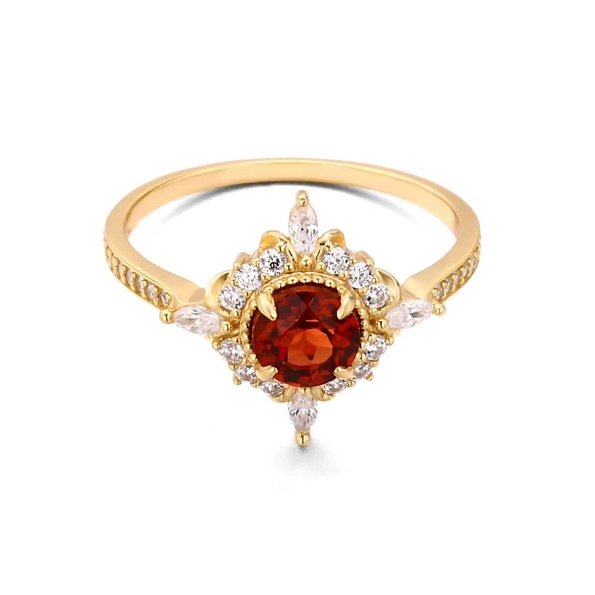 Anillo solitario Au 375/585/750 de oro amarillo con rubí rojo de laboratorio, flores