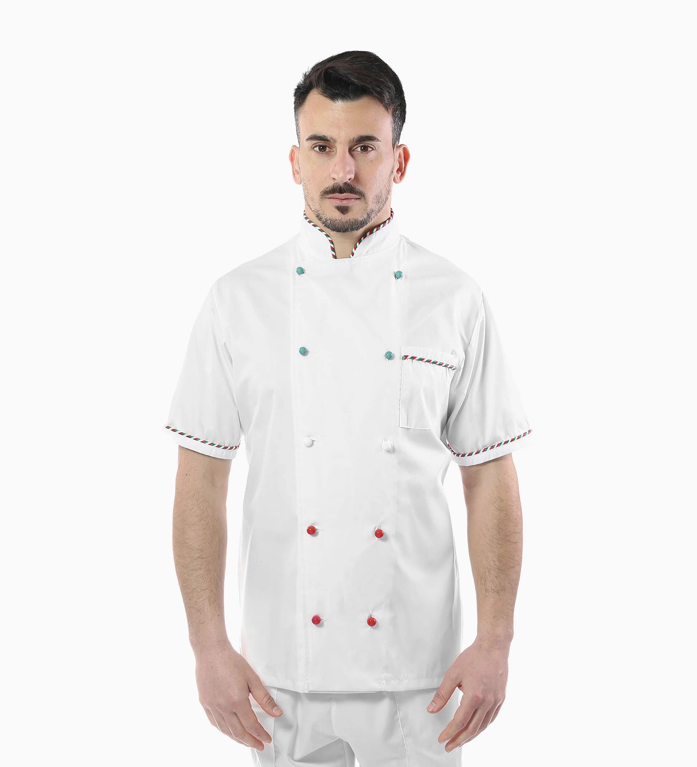 Chaqueta de cocinero para hombre – Blanca/Italia – Manga corta – Casaca Chef – Uniforme personalizable para cocina y restaurante – Fabricado en Italia