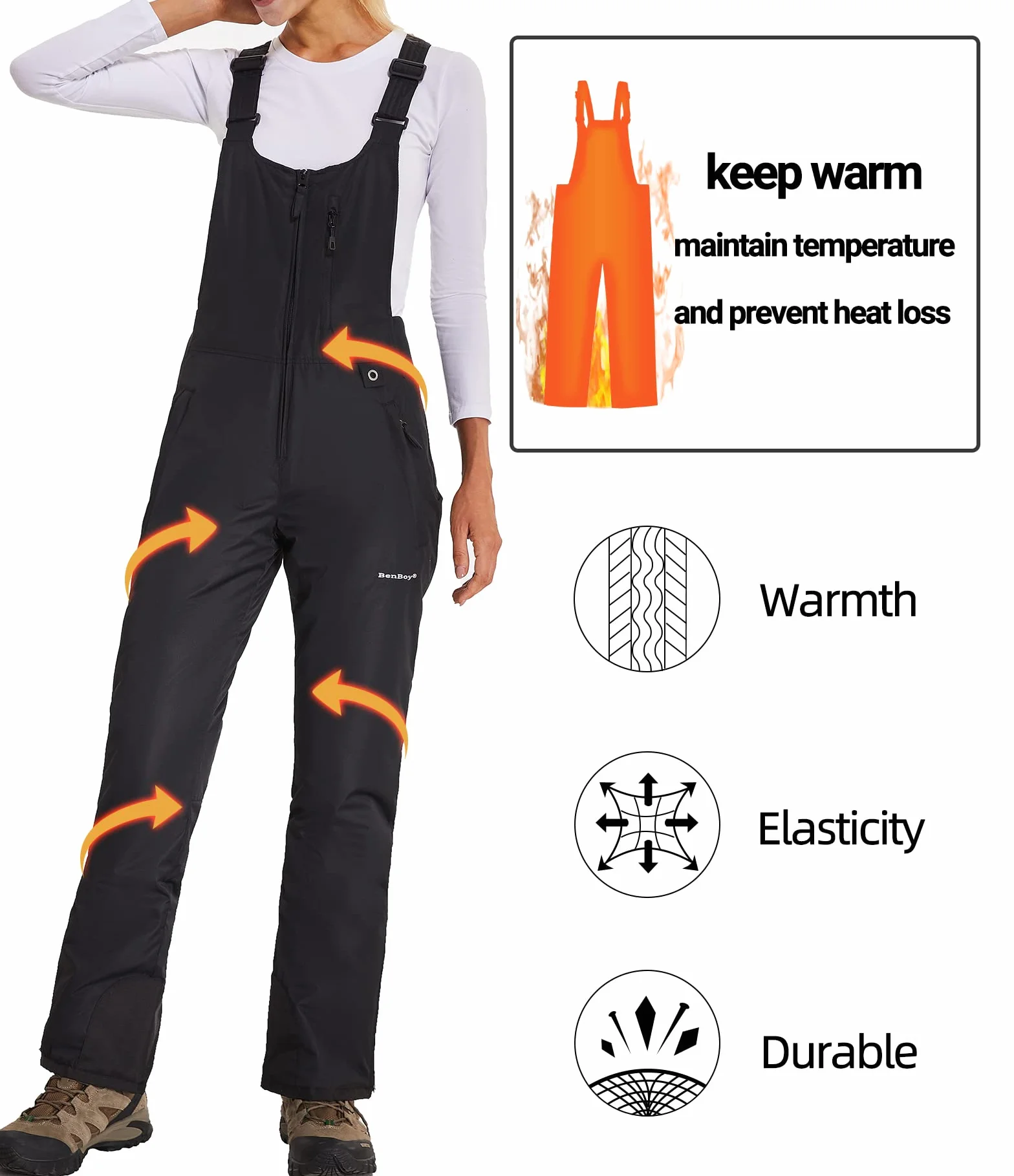 Pantalones Nieve Esquí Mujer Invernal Pantalón Softshell Calor Pantalones de Trabajo Largos Prueba Viento Impermeable Mono Outdoor Pantalón Funcional con Tirantes Ajustables HXK7552W-Black-XS