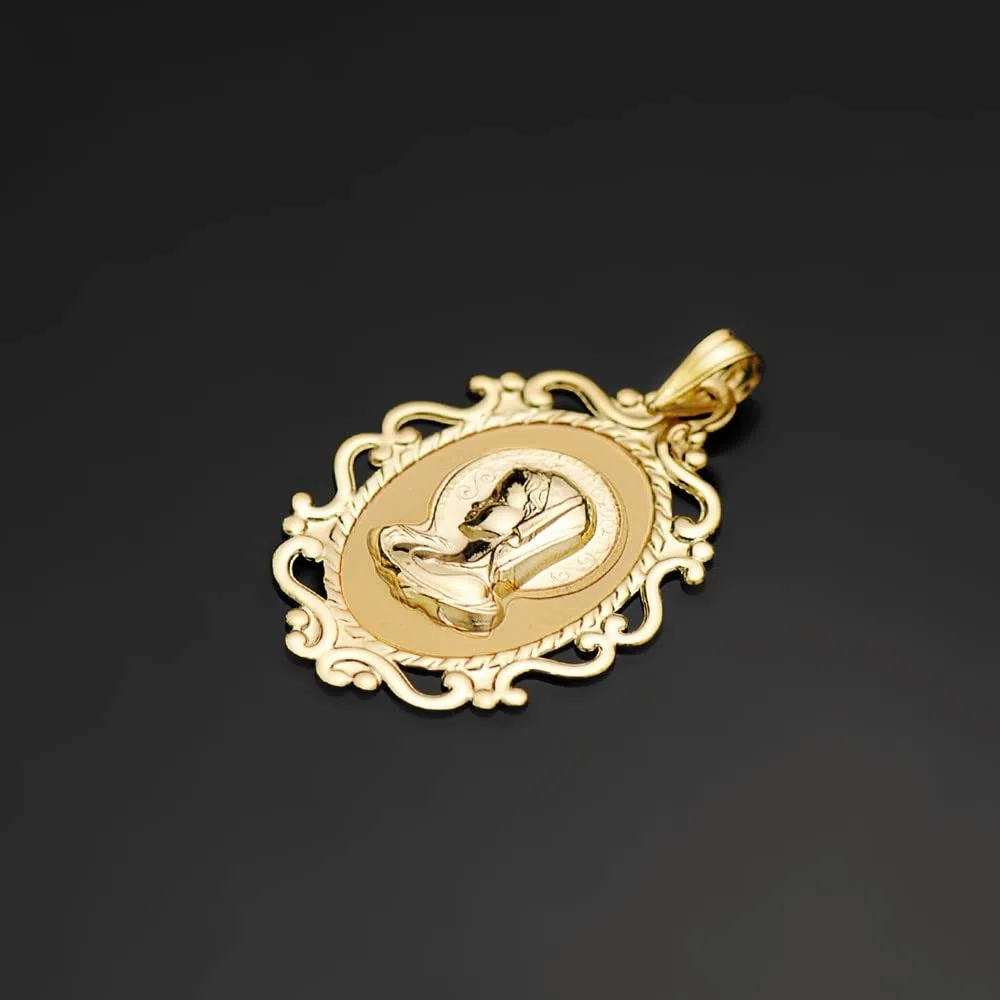 Virgen Niña medalla oro 18k Primera Comunión colgante 31mm. fondo liso borde detalles - Personalizable - GRABACIÓN INCLUIDA EN EL PRECIO
