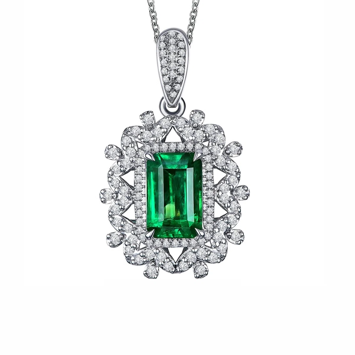 AMDXD Collar de mujer de flores huecas con colgante de oro blanco 750 con esmeralda de 1,45 quilates y cadena de diamantes de oro para mujer y plata, regalo para madre e hija