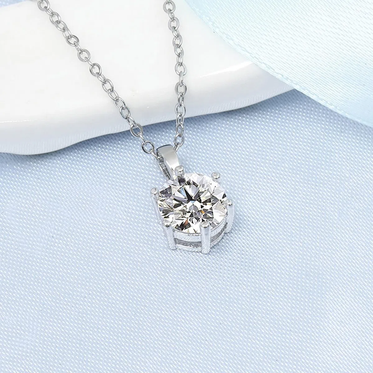 Collar de Mujer Oro Blanco 9 Kilates / 14 Kilates / 18 Kilates, Redondo con Diamante Creado, Colgante Collar de Plata para Mujer
