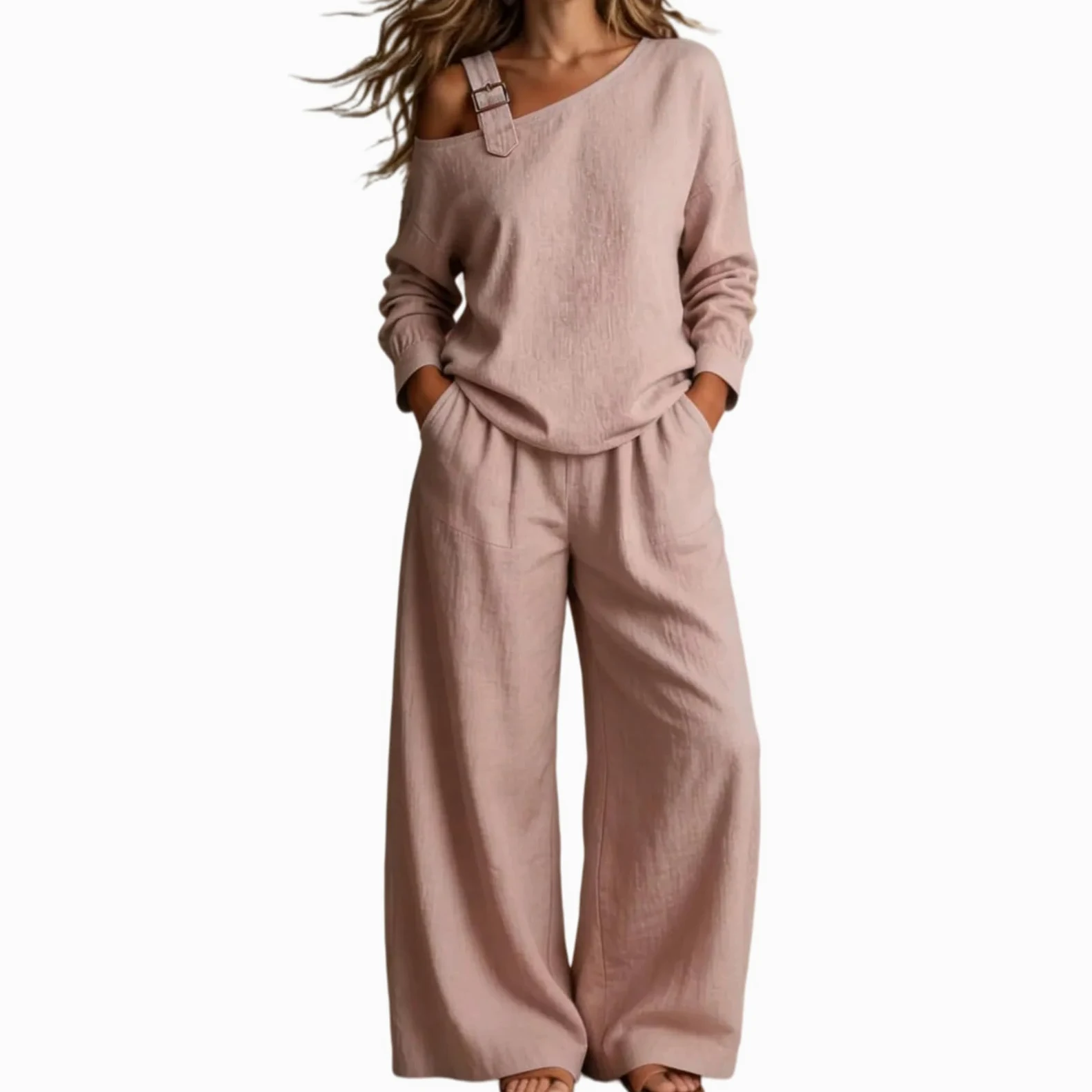 Conjunto De Dos Piezas Para Mujer Con Hombros Descubiertos: Top De Manga Larga Con Un Solo Hombro Y Pantalón De Pierna Ancha. Conjunto Elegante Y Relajado, Ideal Para Viajes, Vacaciones Y Uso Diari