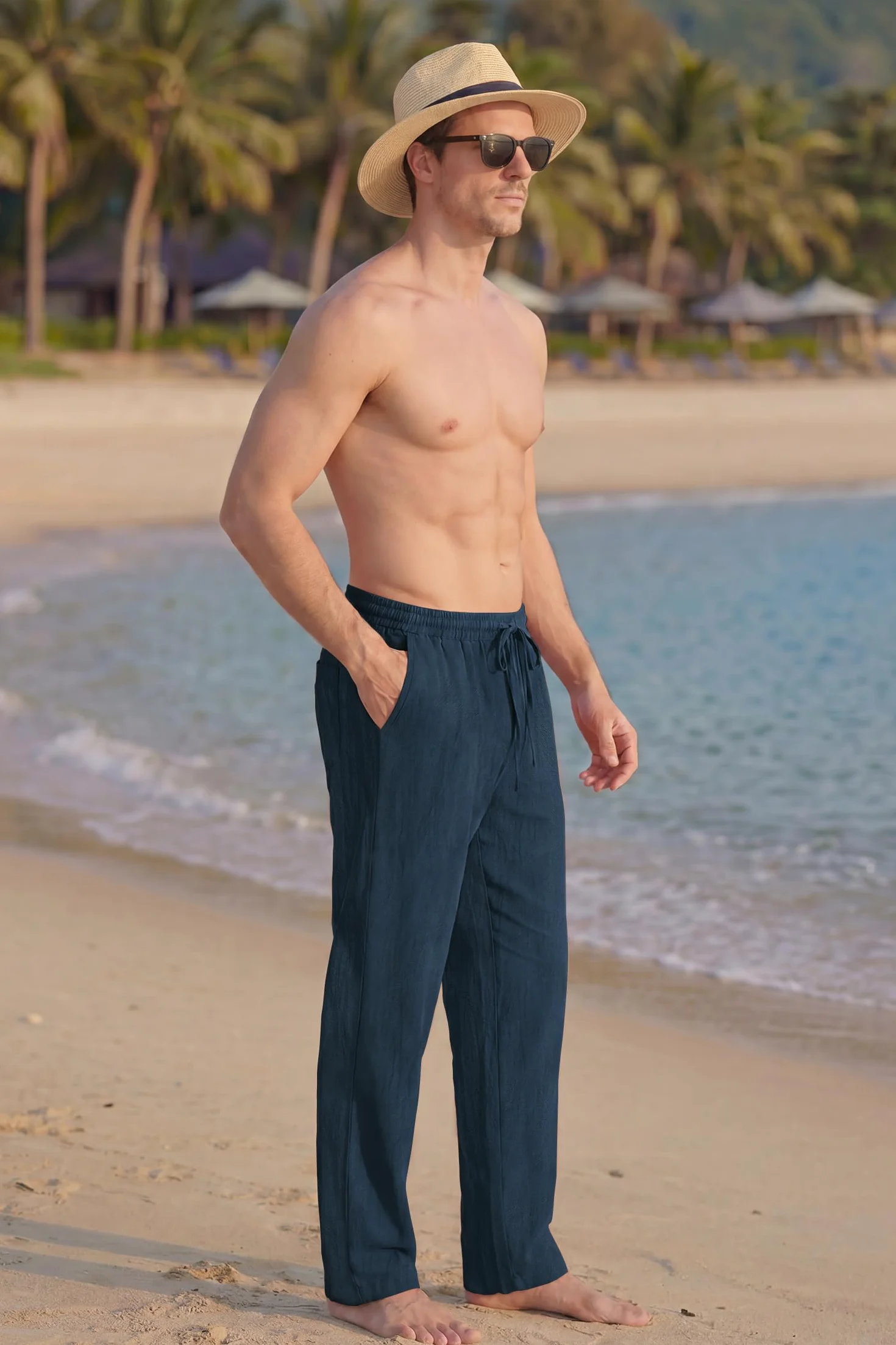 Enlision Pantalones Lino Hombre Verano Cintura Elástica Pantalones de Lino Hombre Casual con Bolsilos Ligeros S-2XL
