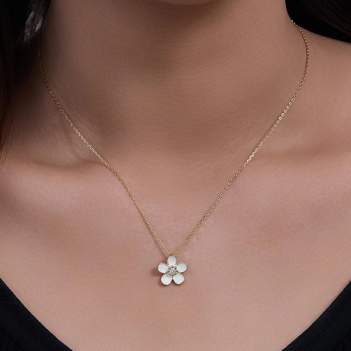 Collar con colgante de flor para mujer, cadena de oro amarillo de 9 quilates, 14 quilates, 18 quilates con diamante, collar con colgante individual para ella, 40 + 5 cm