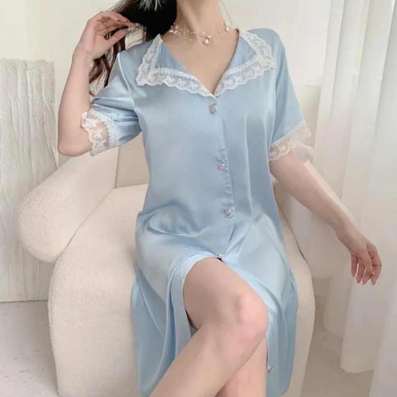OFFSUM Camisón De Pijama De Mujer - Sexy Satén Verano Encaje Bordado Temperamento Un Solo Pecho Color Sólido Ropa De Dormir Lencería De Gran Tamaño Albornoz,Azul,M