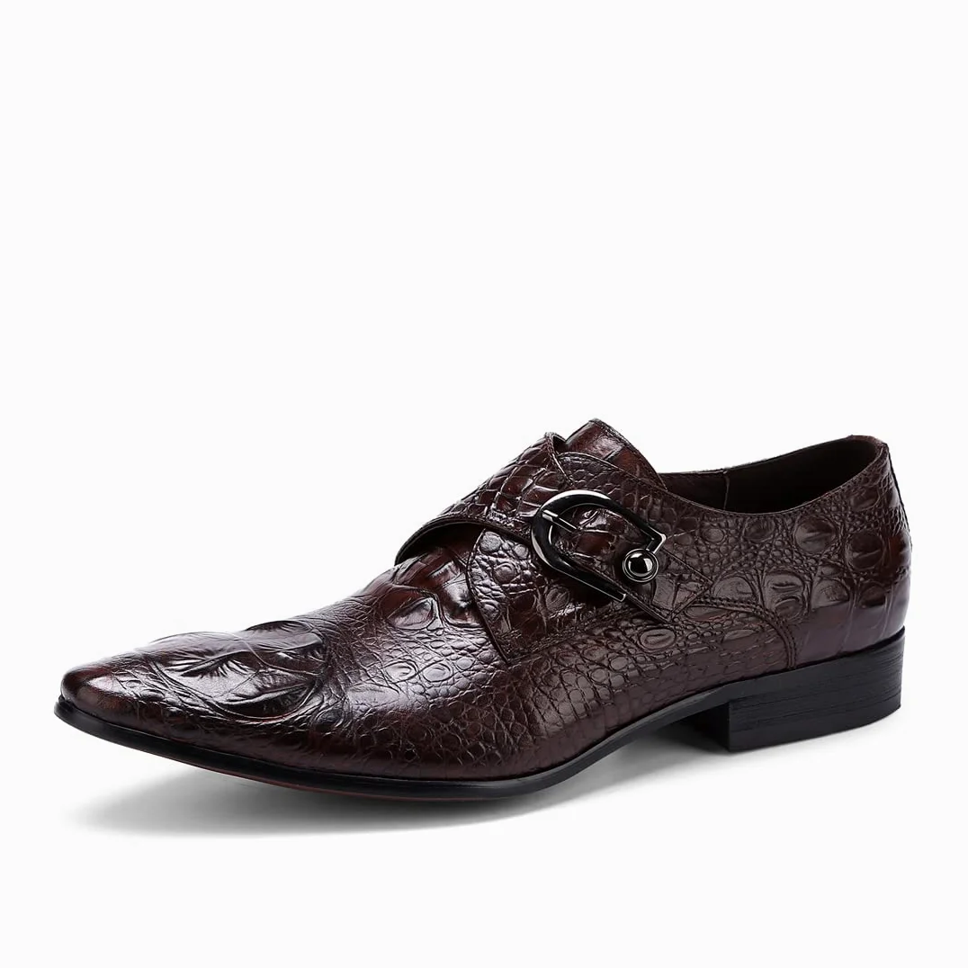 Mocasines Formales Negocios para Hombres Zapatos Monk Relieve en Punta en Cuero Genuino Zapatos de Vestir Slip On con Hebilla