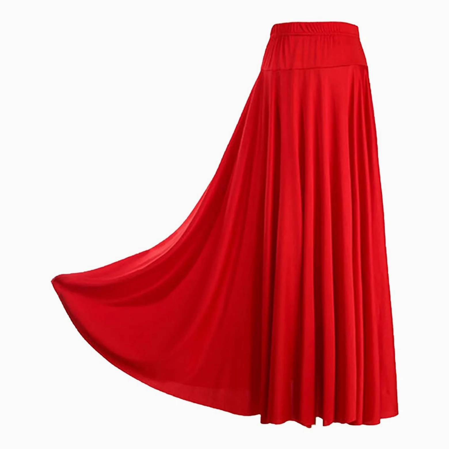 Falda Danza del Vientre Falda de Baile de salón for Mujer, Falda Larga Lisa, Cintura Alta, Cintura elástica, Volantes, Disfraz de actuación(Red,6XL)