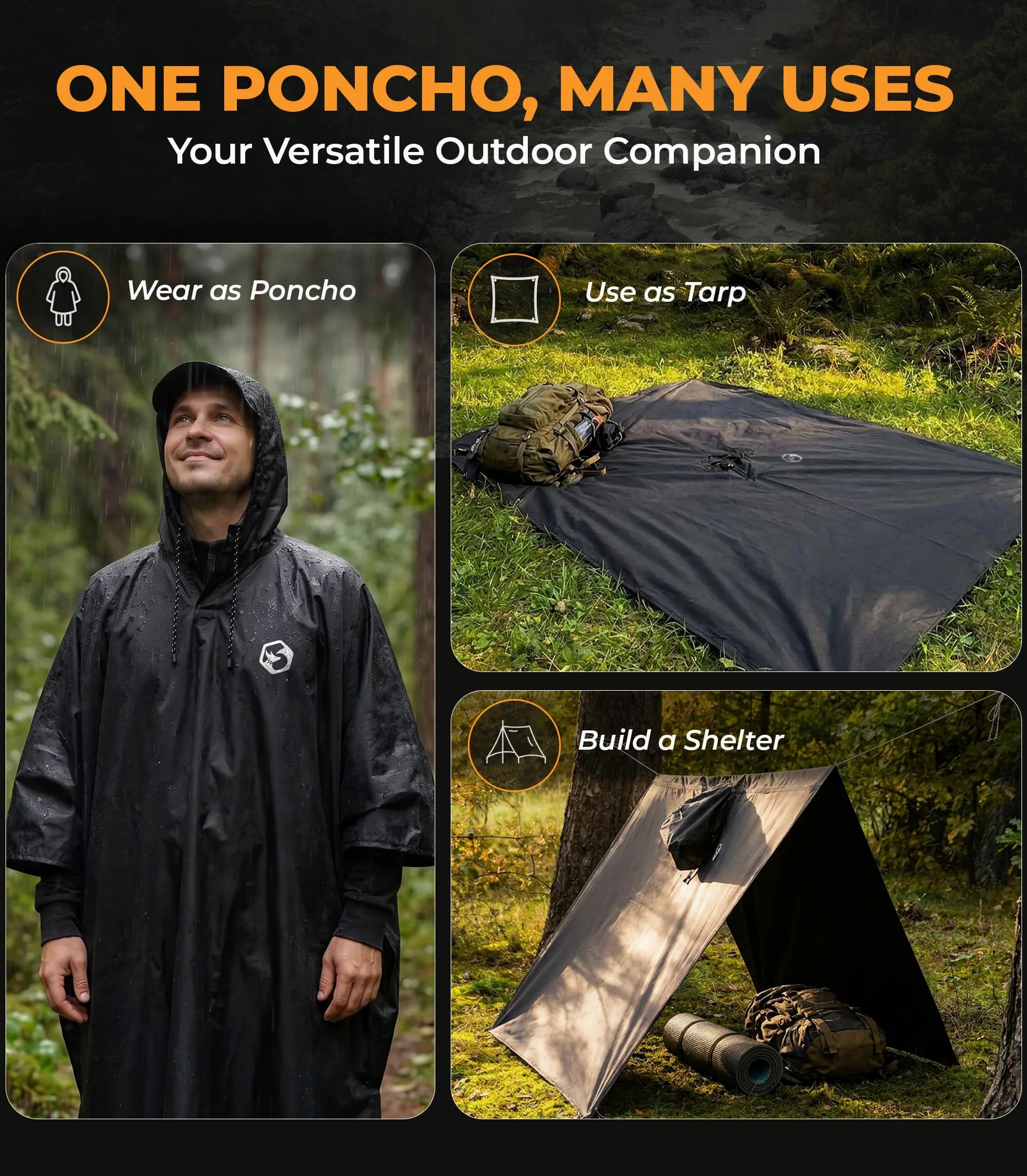 Foxelli Poncho de lluvia con capucha para adultos – Chubasquero impermeable, reutilizable, extra largo, para hombre y mujer, equipo ligero, negro, talla única, Negro , Talla única