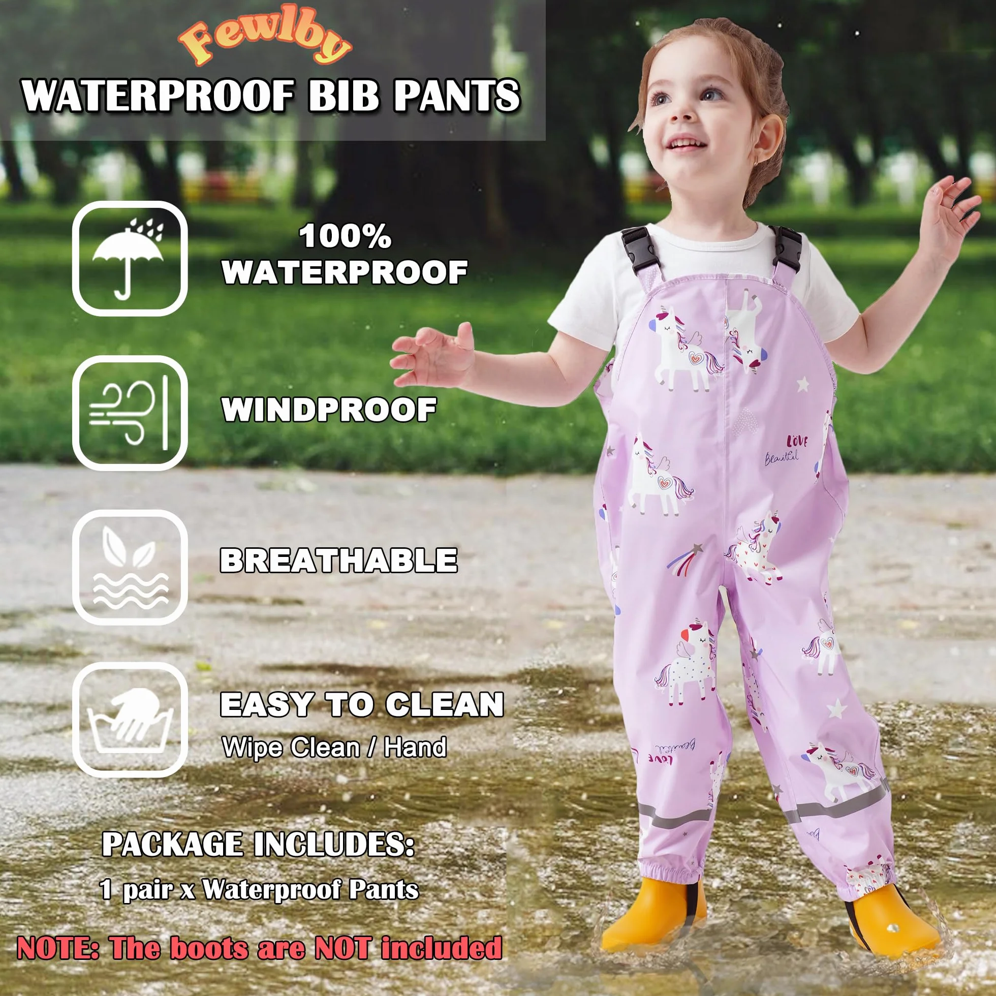 Fewlby Pantalon Impermeable Niñas, Pantalones Barro Peto de Lluvia Niños Mono Impermeable con Tiras Reflectantes Chubasquero Outdoor Traje Impermeable