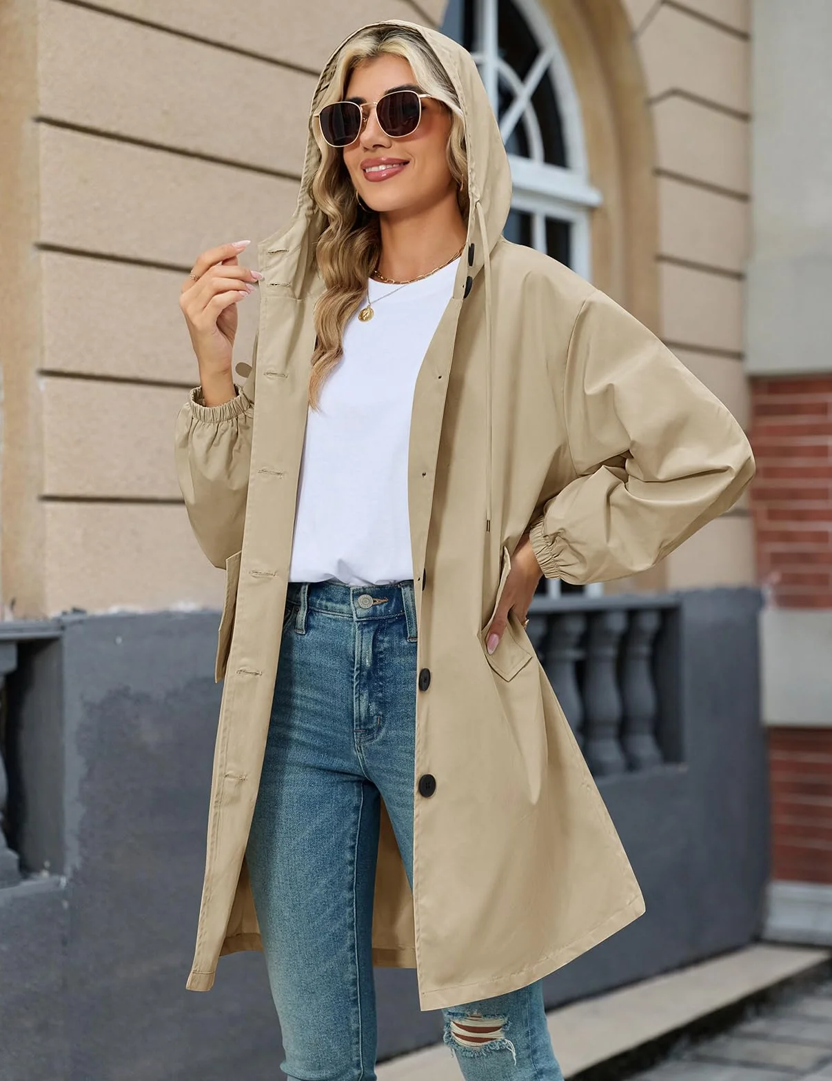 Vancavoo Gabardinas de Mujer Abrigo Largo Trench Coat Cortavientos Primavera Chaqueta con Capucha