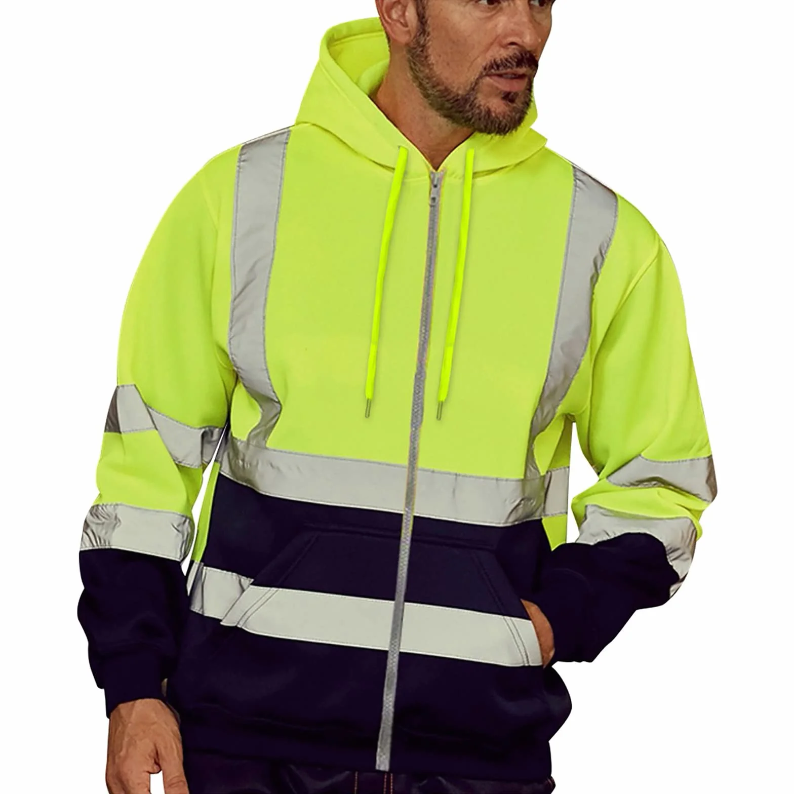 Chaqueta de seguridad para hombre con rayas reflectantes, ropa de trabajo en la calle, chaqueta de trabajo de manga larga, sudadera con capucha, sudadera de advertencia de alta visibilidad,