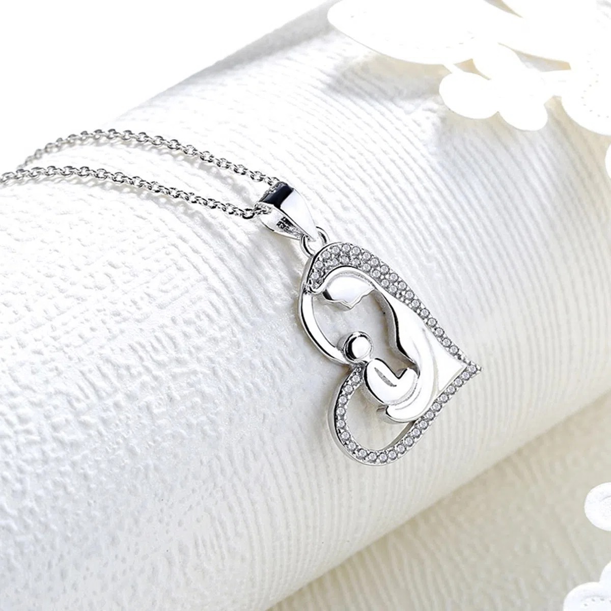 Collar de 14 quilates, collar con colgante de corazón de diamante para madre y niño, 2.66x1.64CM, Vidrio Cuero, Diamante