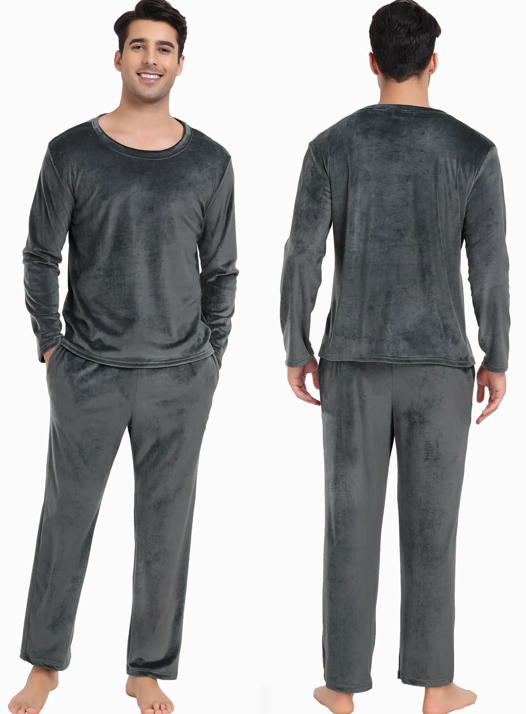 Lovasy Pijama Hombre Invierno Terciopelo Polar Conjunto Mangas Largas Cálida Pijamas con Bolsillos
