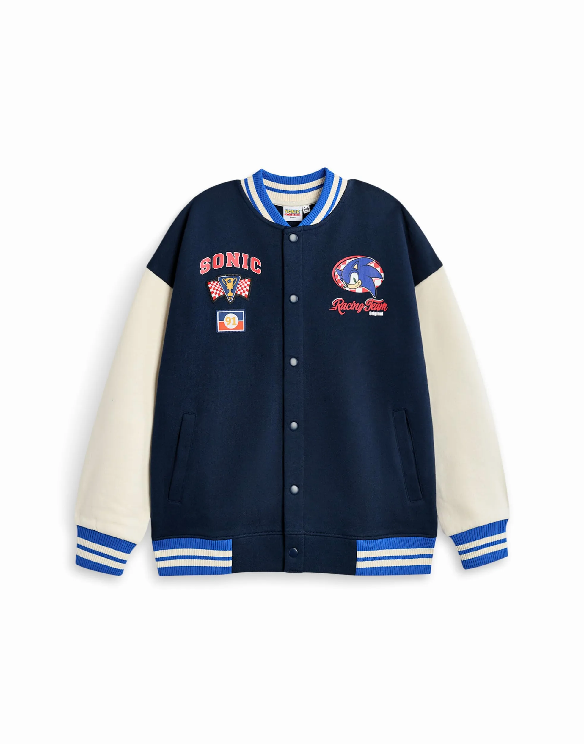 Sonic The Hedgehog Chaqueta bomber para niños| Chaqueta universitaria Sonic Racing Team para niños en Azul | Chaqueta de béisbol con cremallera y estampado de bandera a cuadros del personaje Sonic
